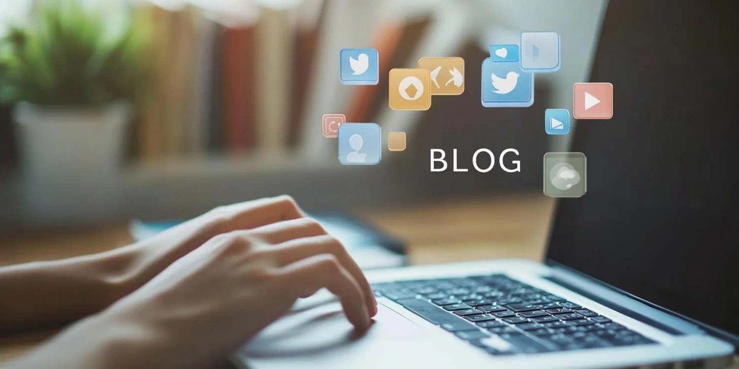 Person using a laptop with social media icons and the word 'BLOG' floating above the keyboard.