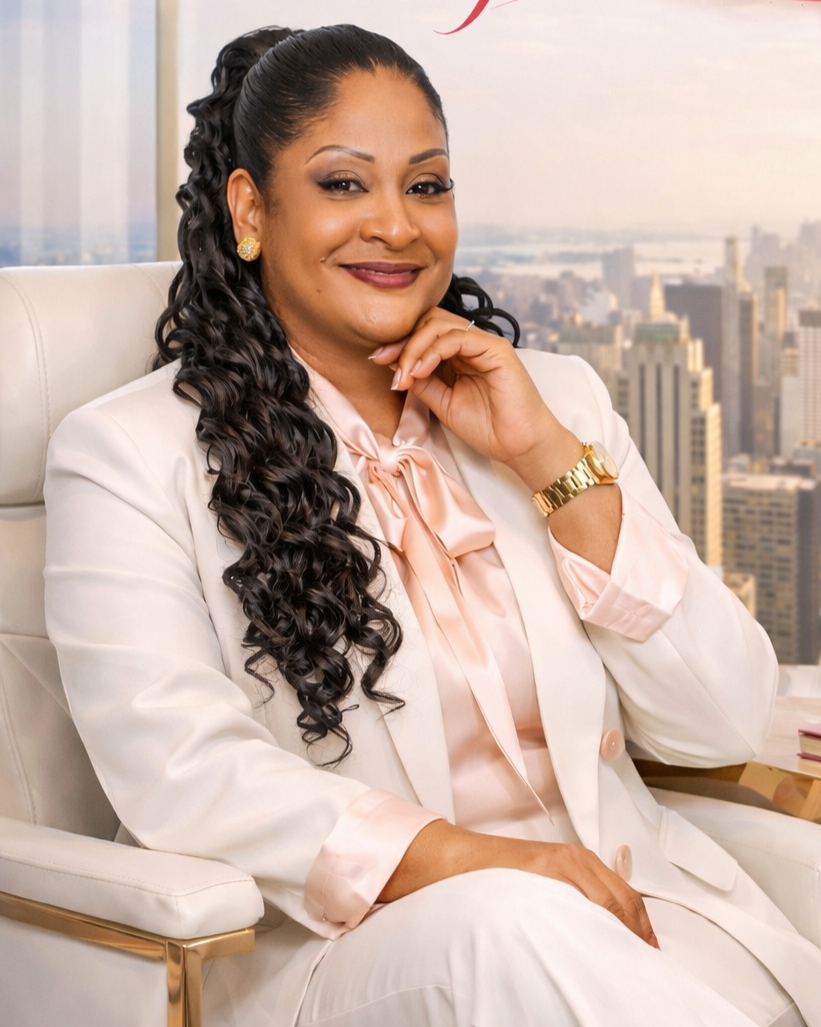Portrait of a confident woman in a white suit and pink blouse sitting in an office with city skyline background.