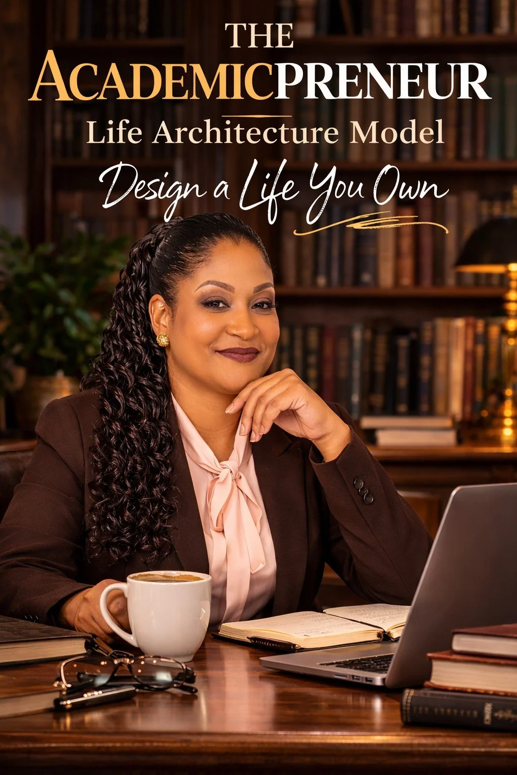 A professional woman with long curly hair, wearing a dark blazer and light pink blouse, sitting at a wooden desk in a library with bookshelves behind her. She has a cup of coffee, a pair of glasses, and an open notebook on the desk, and is looking confidently at the camera.