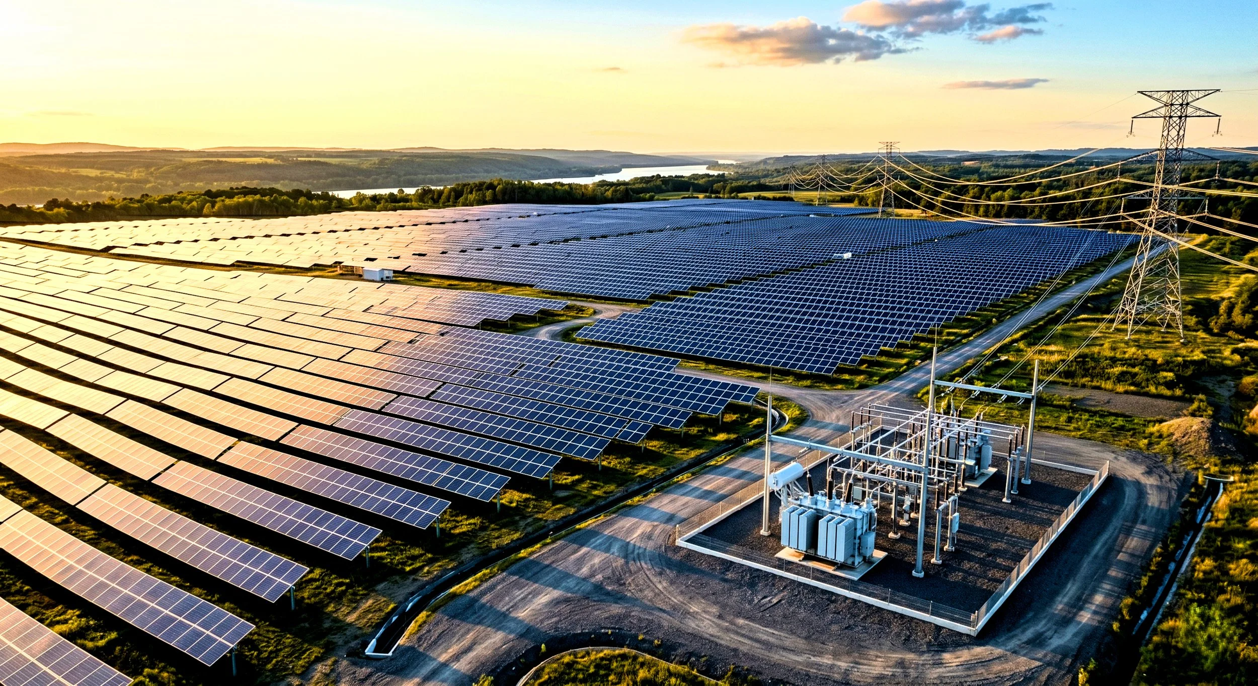 An expansive solar power facility at sunset with integrated electrical substations, demonstrating large scale renewable energy infrastructure and environmental compliance.