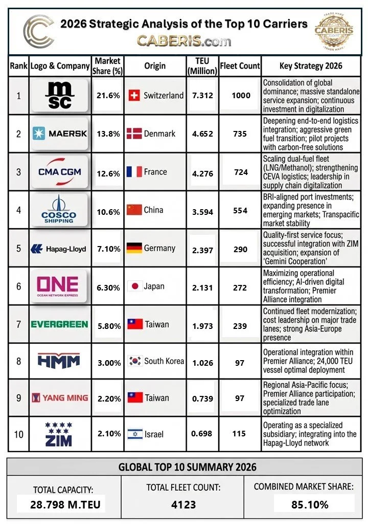 The table data reflects the hierarchy of the 10 mega-carriers controlling over 85% of global capacity.