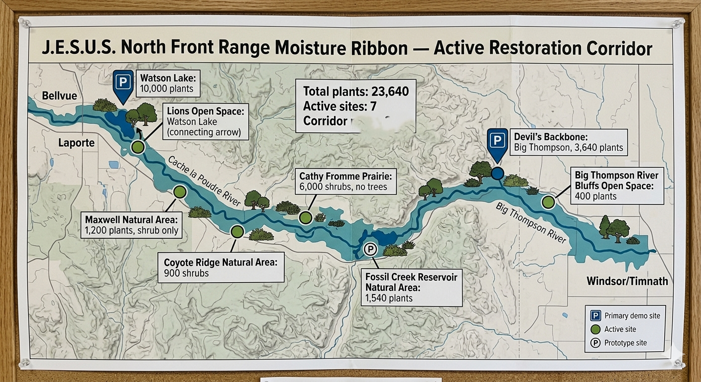 Map of the J.E.S.U.S. North Front Range Moisture Ribbon conservation project showing river, nature areas, active sites, and parking locations along Big Thompson River from Windsor/Timnath to Bellvue with labels for Watson Lake, Lions Open Space, Maxwell Natural Area, Coyote Ridge, Cathy Fromme Prairie, Fossil Creek Reservoir, and Big Thompson River Bluffs Open Space.