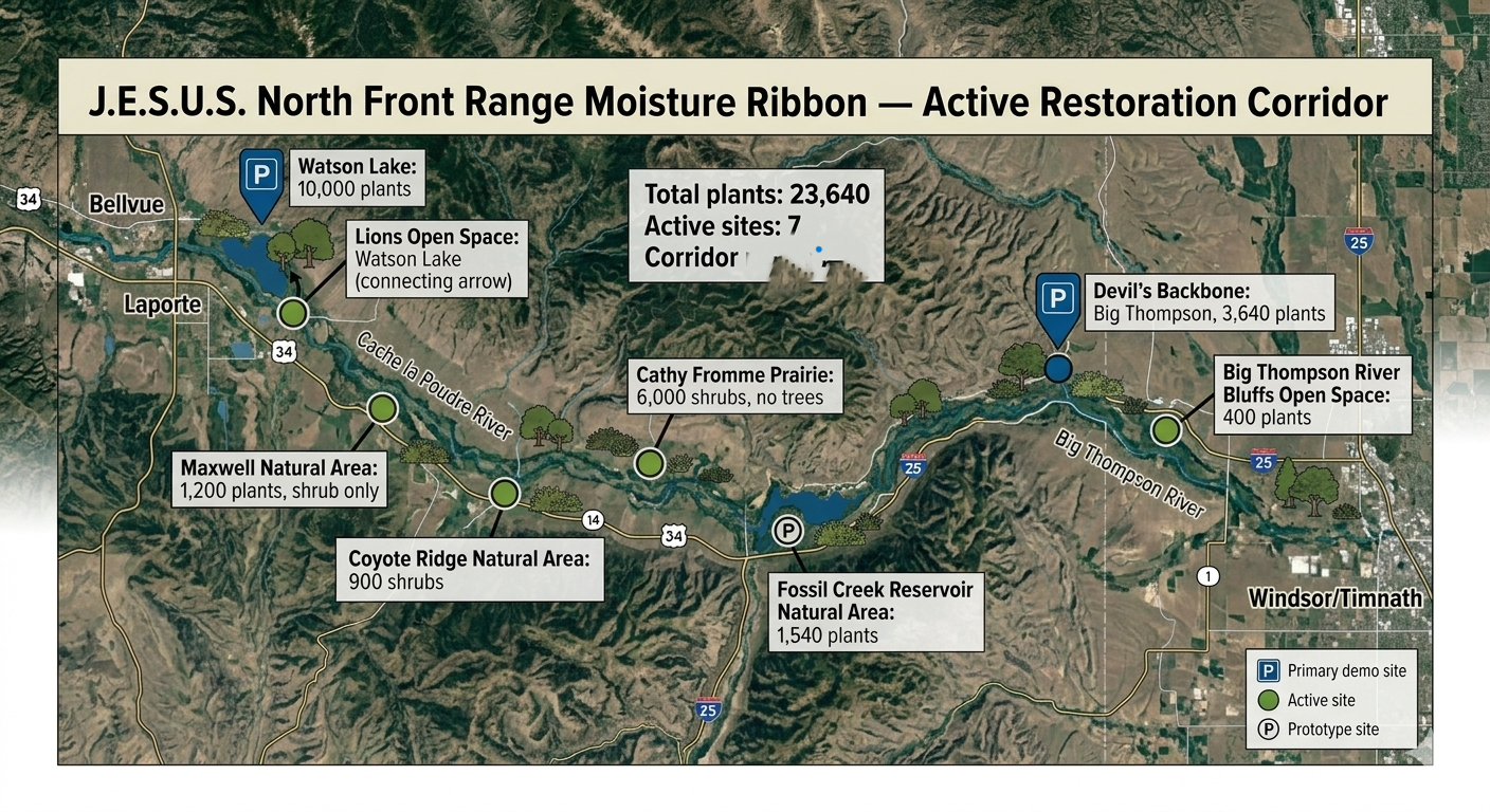 Map showing the J.E.S.U.S. North Front Range Moisture Ribbon - Active Restoration Corridor, with designated sites including Watson Lake, Lions Open Space, Maxwell Natural Area, Coyote Ridge Natural Area, Cathy Fromme Prairie, Fossil Creek Reservoir, Big Thompson River Bluffs Open Space, and Windsor/Timnath. The map details the number of plants and shrubs at each site, along with parking locations and natural areas.