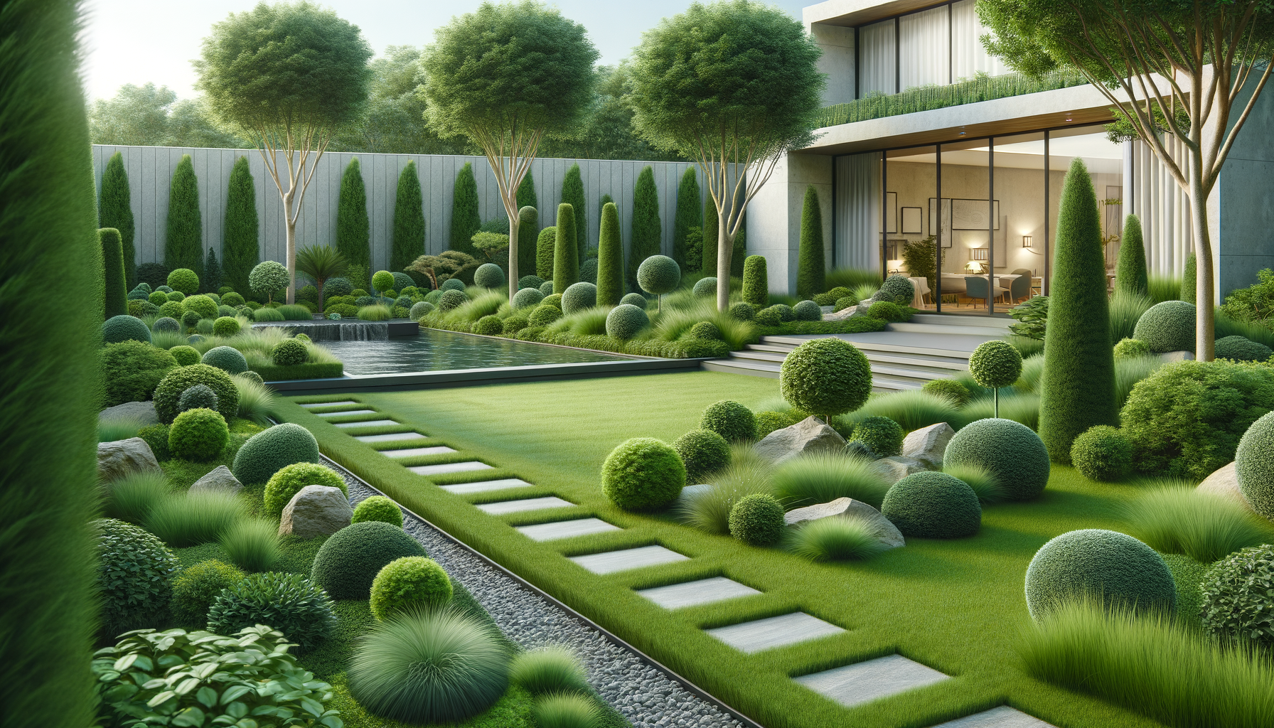 Modern backyard garden with manicured lawn, decorative bushes, trees, and a reflecting pool, adjacent to a house with large glass sliding doors leading to a seating area.