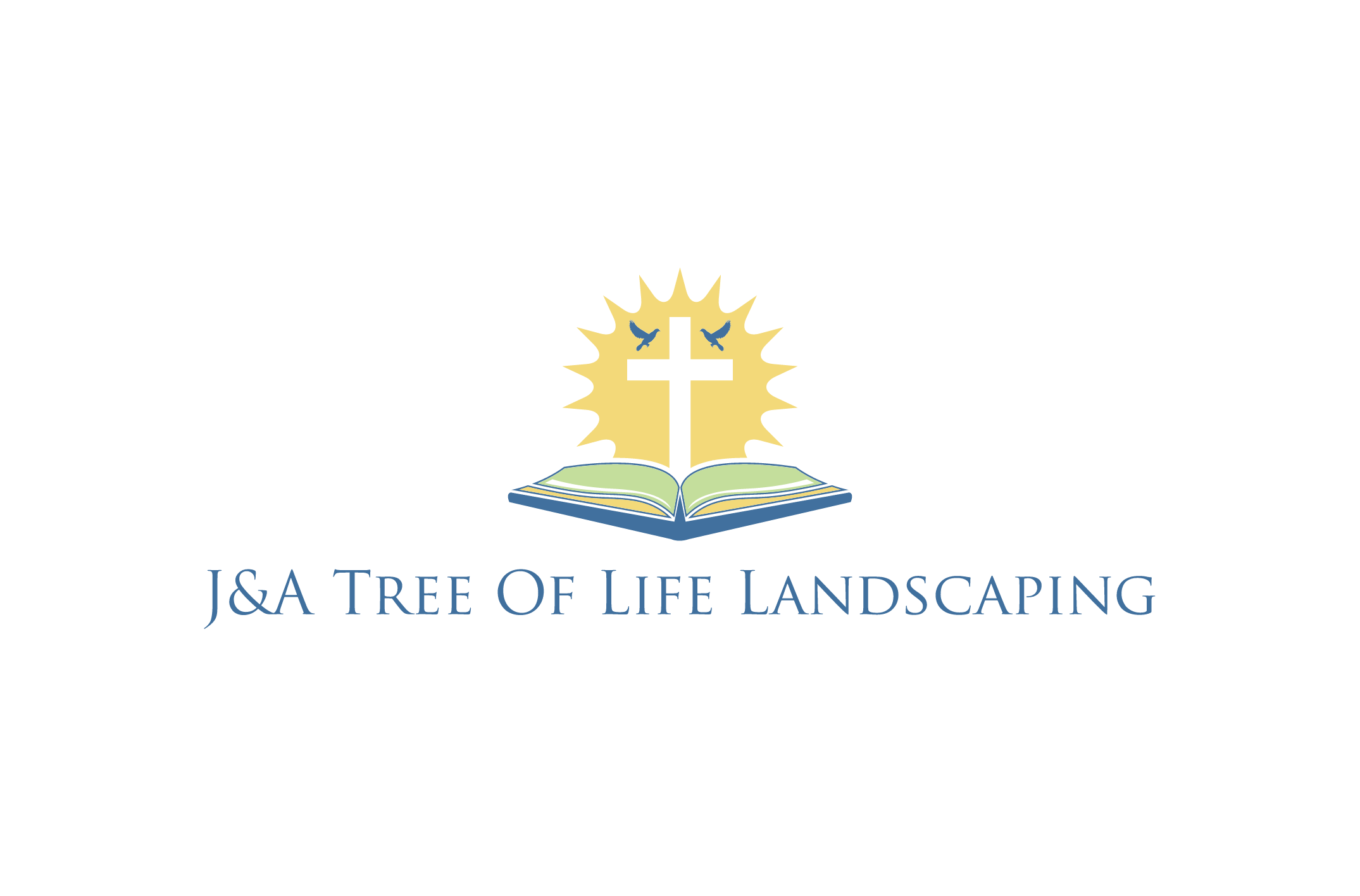 Logo for J&A Tree of Life Landscaping featuring a cross, an open book, and birds, with text reading 'J&A Tree of Life Landscaping'.