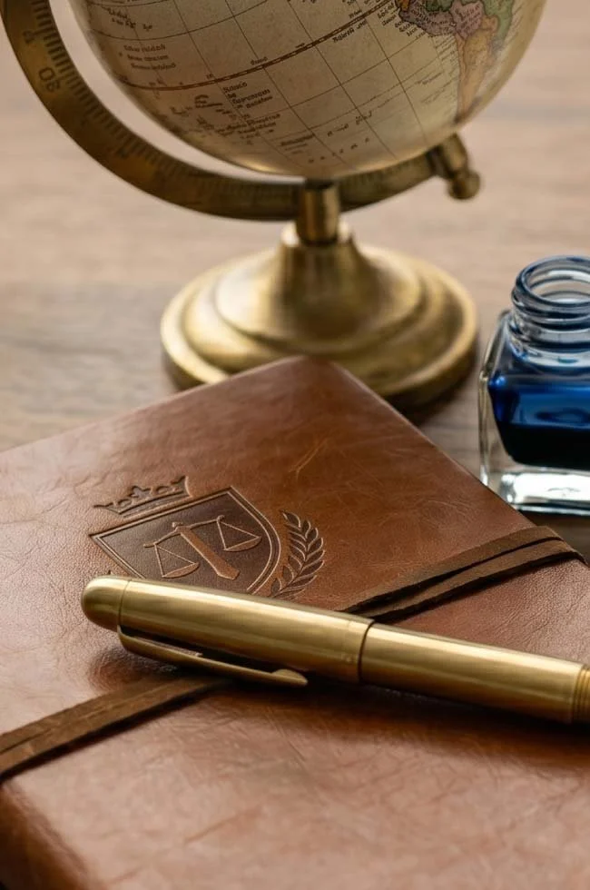 A globe, a leather journal with an embossed crest and initials, a gold pen, and a bottle of blue ink on a wooden surface.