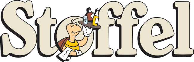 Logo van een winkel met de naam 'Stoffel', waarop een lachende vrouw een dienblad met drankjes vasthoudt.