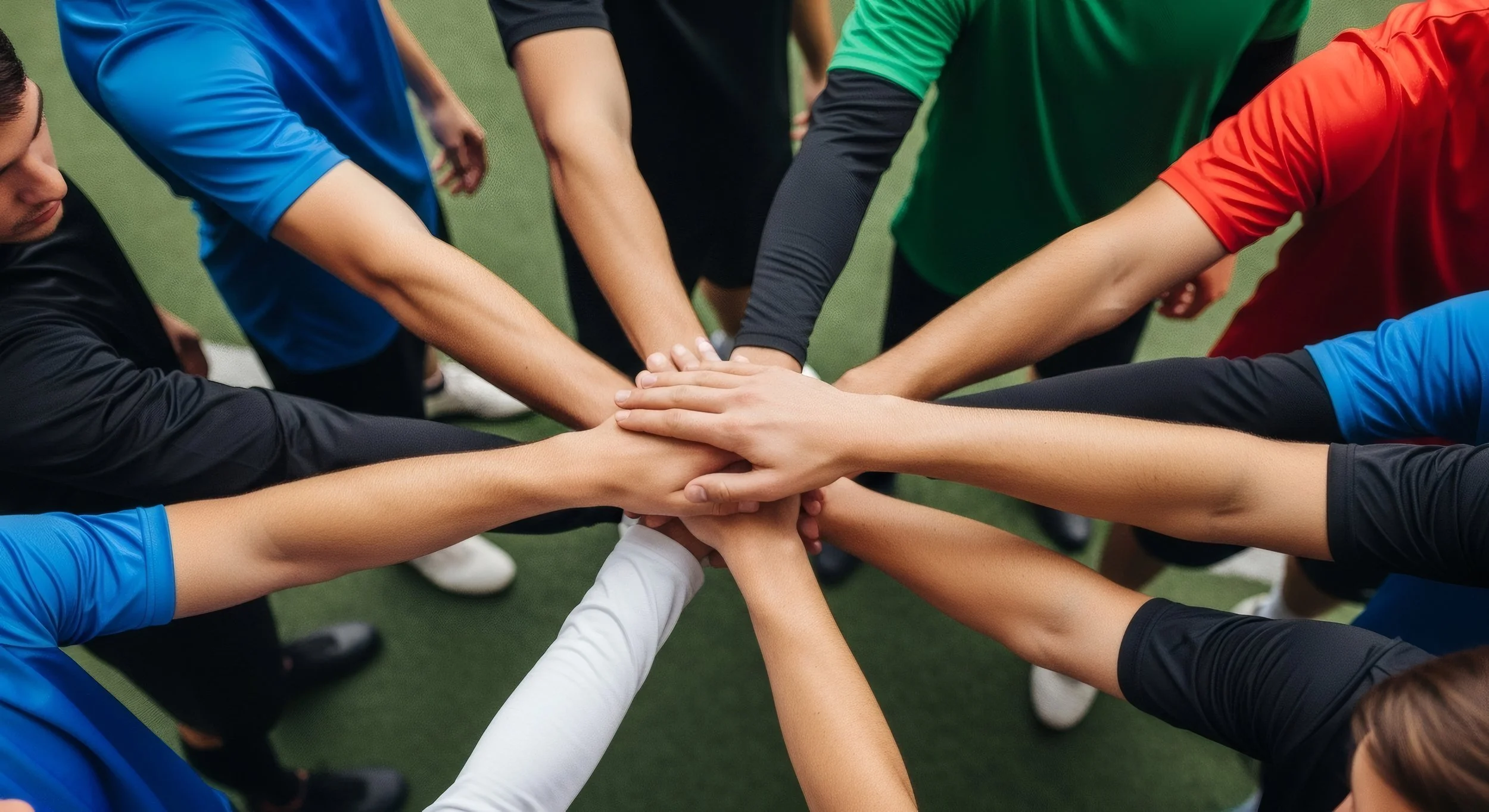 Athletes in sports uniforms placing their hands together in a huddle.