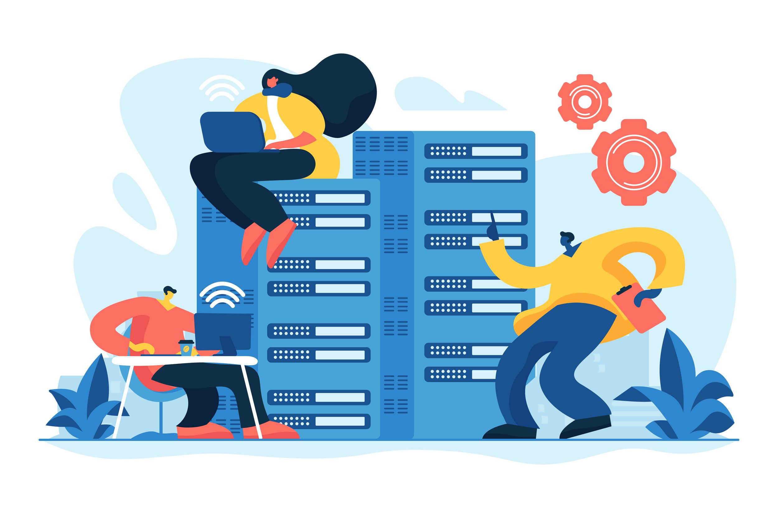 Programmers working in a server room to configure a network.