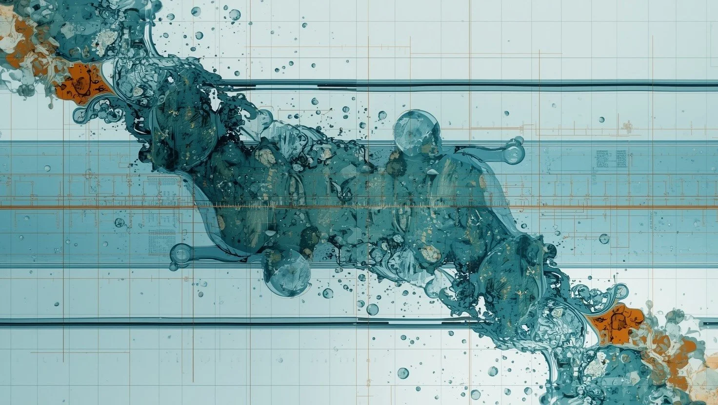 Abstract digital artwork featuring flowing teal and orange ink splashes on a blueprint-style grid background with technical markings and lines.