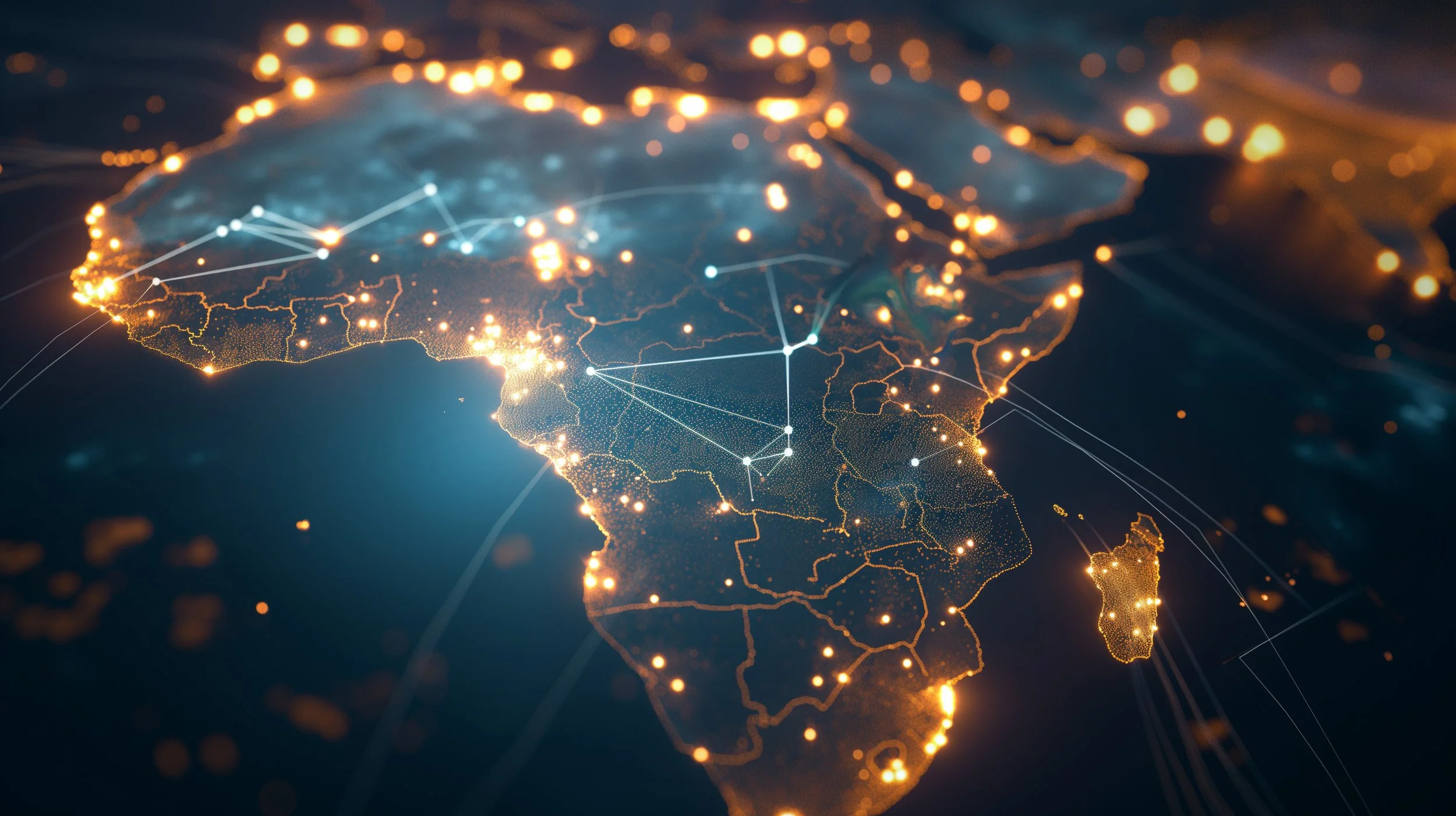 Map of African continent with lights showing major cities and white network nodes between them.