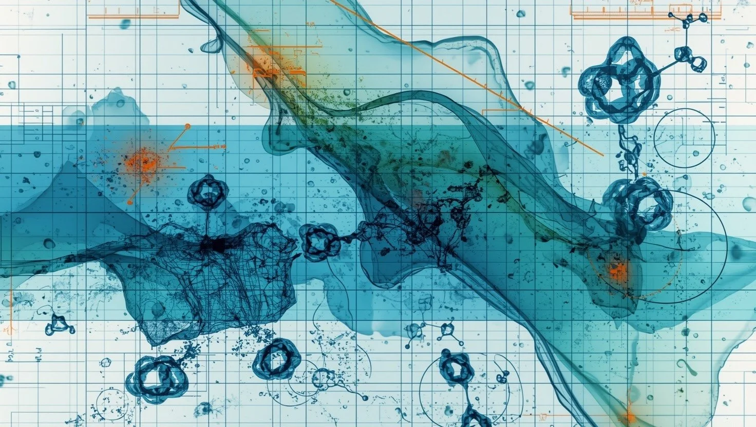 Abstract digital illustration featuring flowing teal and orange ink splashes resembling a DNA double helix on a blueprint-style grid background with technical markings and lines.