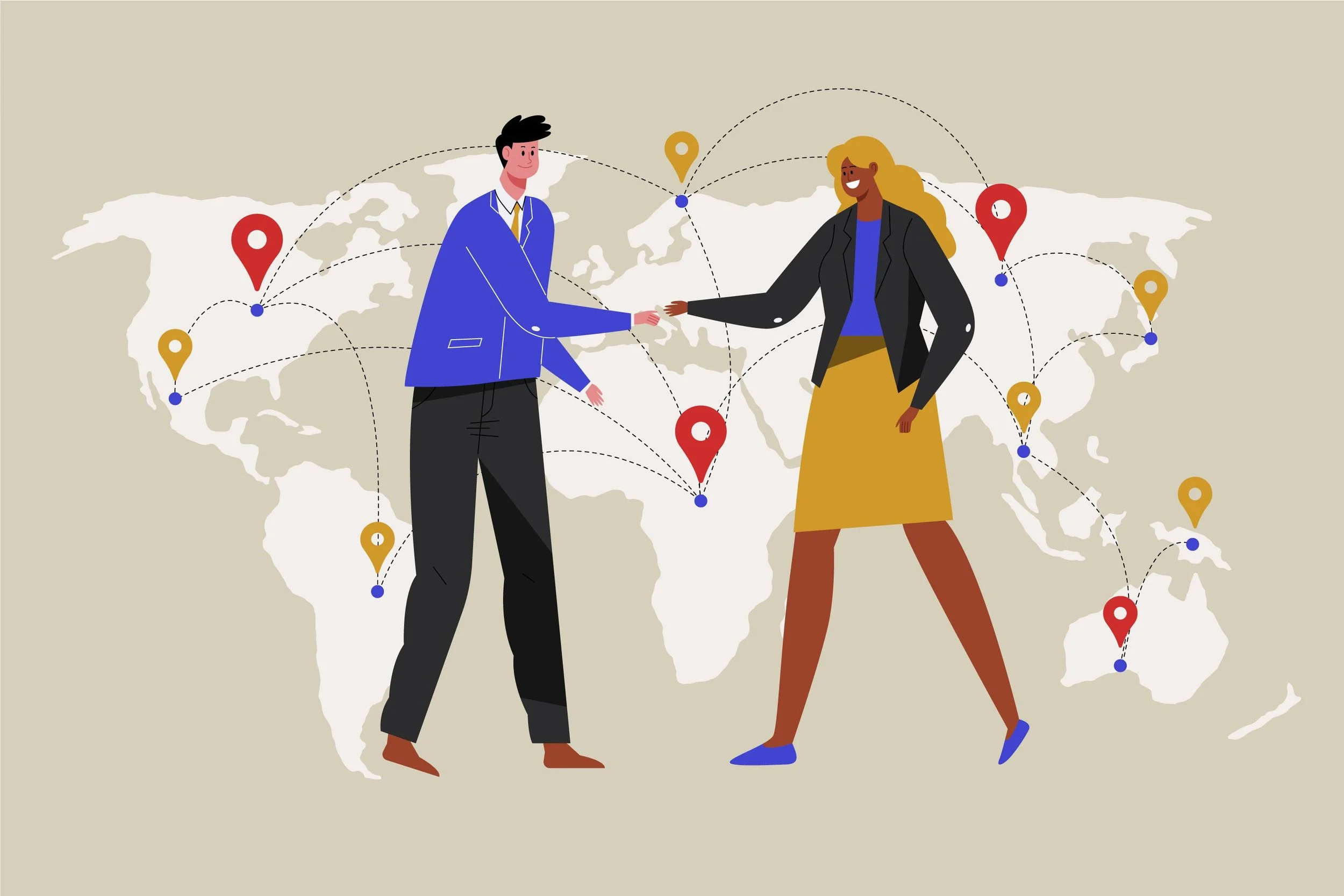 Man in a blue blazer and tie shakes hands with a blond woman in a black blazer, blue shirt, and yellow skirt. The background shows the continents with location pins and lines between them.