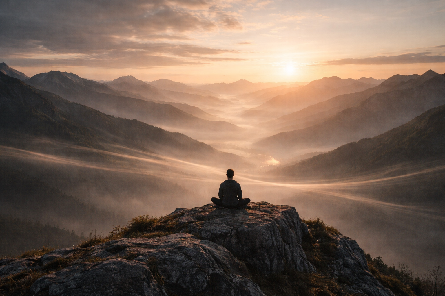 Serenity at dawn on mountaintop.png