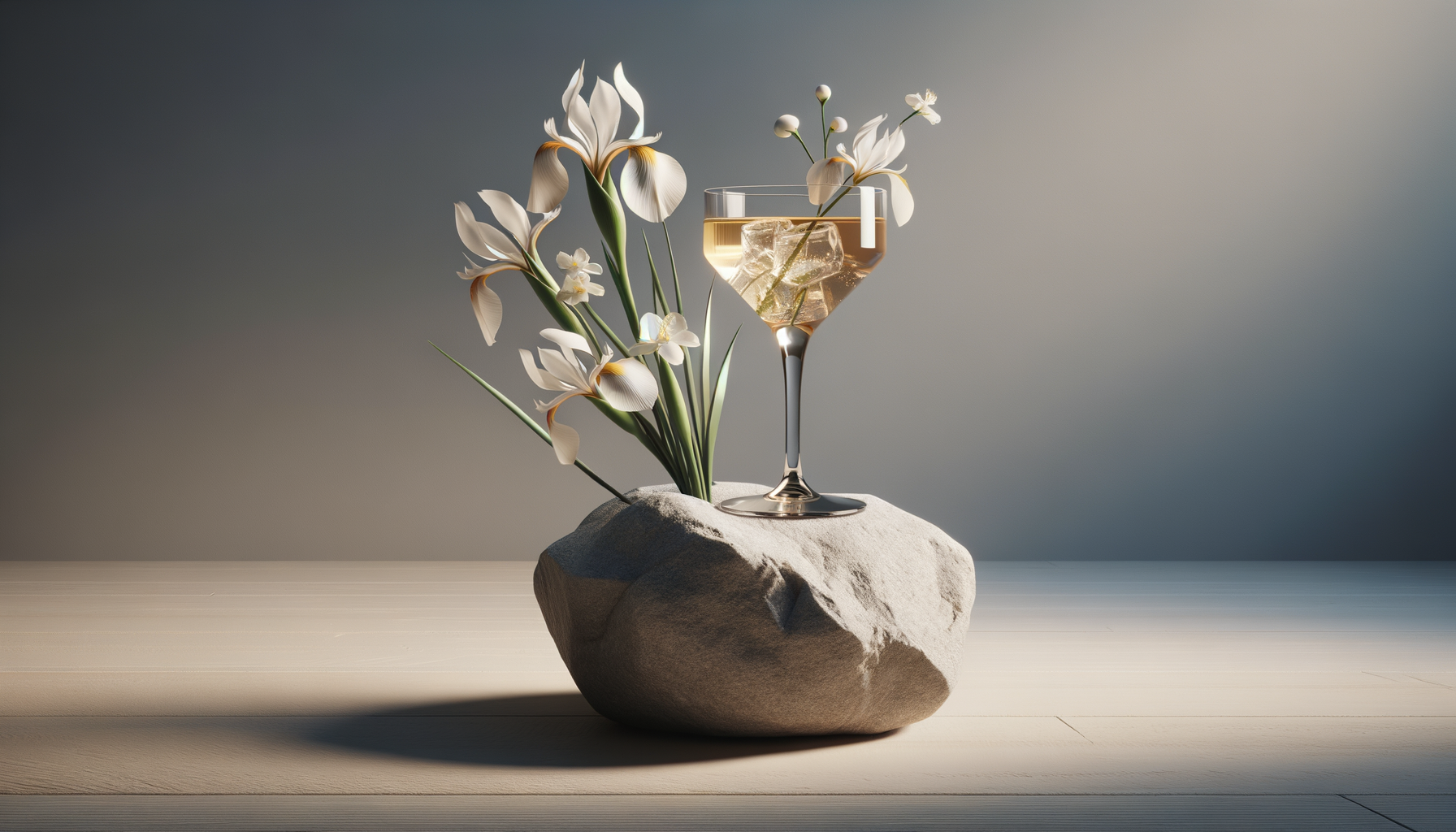 A clear glass of champagne with ice cubes and flowering branches inside, placed on a large white rock, with white flowers and green leaves around it, on a white surface with a gray background.