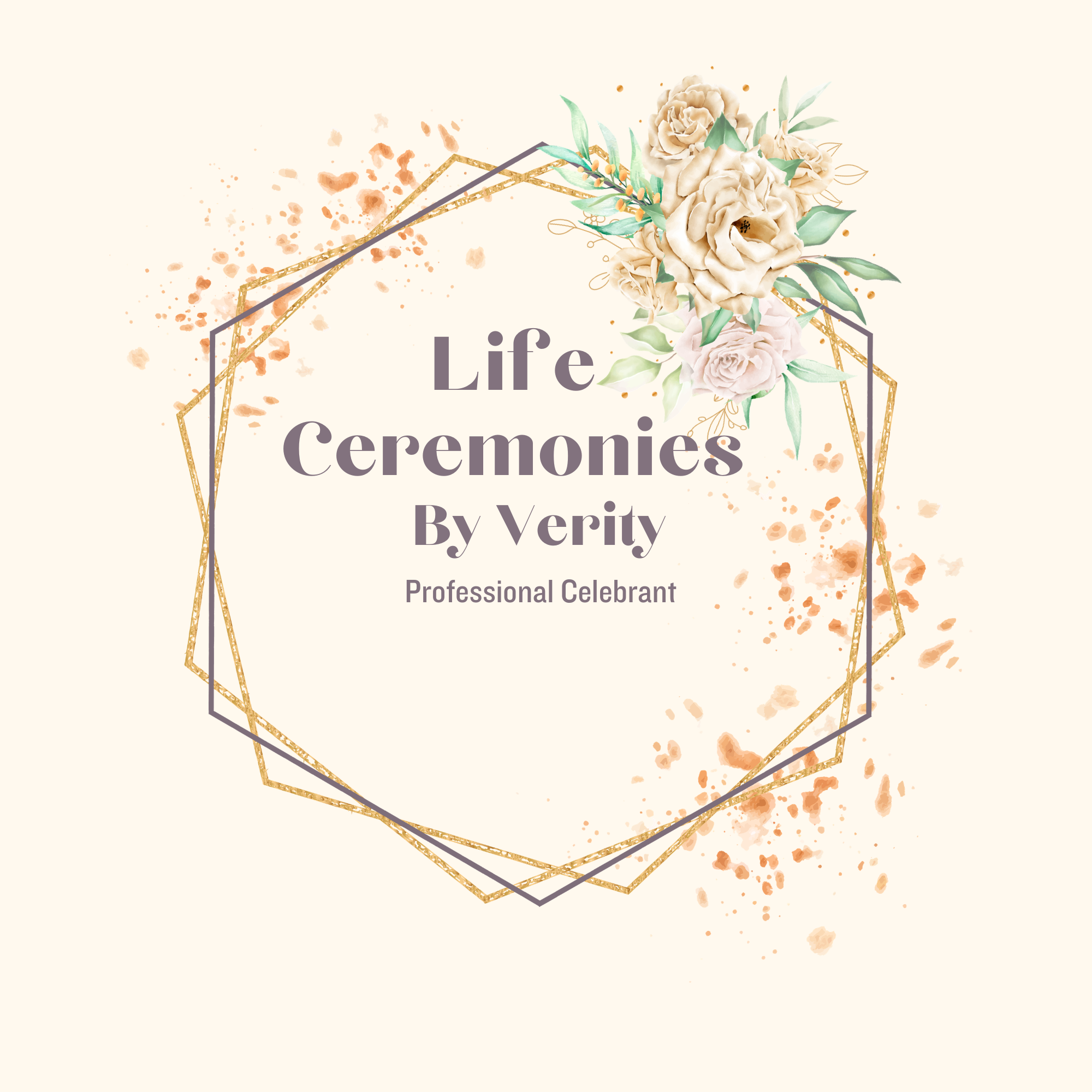 Floral wedding invitation with gold geometric border and text about life ceremonies by Verity