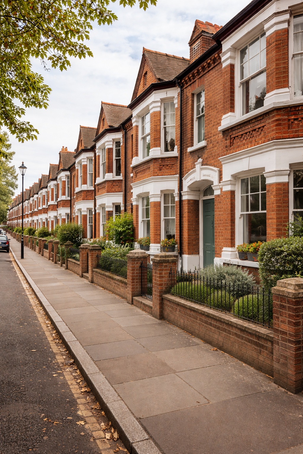 Row of historic red brick houses with white trim, small front gardens, and iron fences on a tree-lined street under cloudy sky.