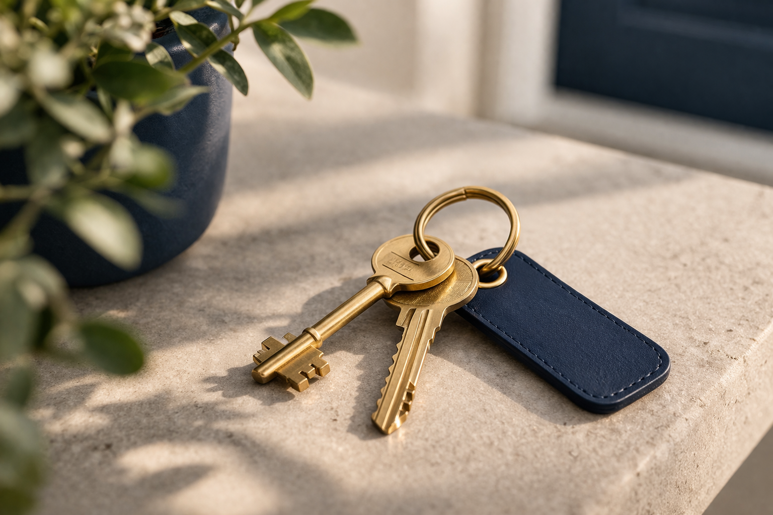 A set of two brass keys on a keyring, lying on a beige surface next to a blue leather keychain and in front of a potted plant.