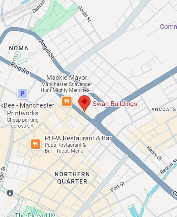 Map showing the location of Swan Buildings in Manchester, with nearby restaurants PUPA Restaurant & Bar and other landmarks.