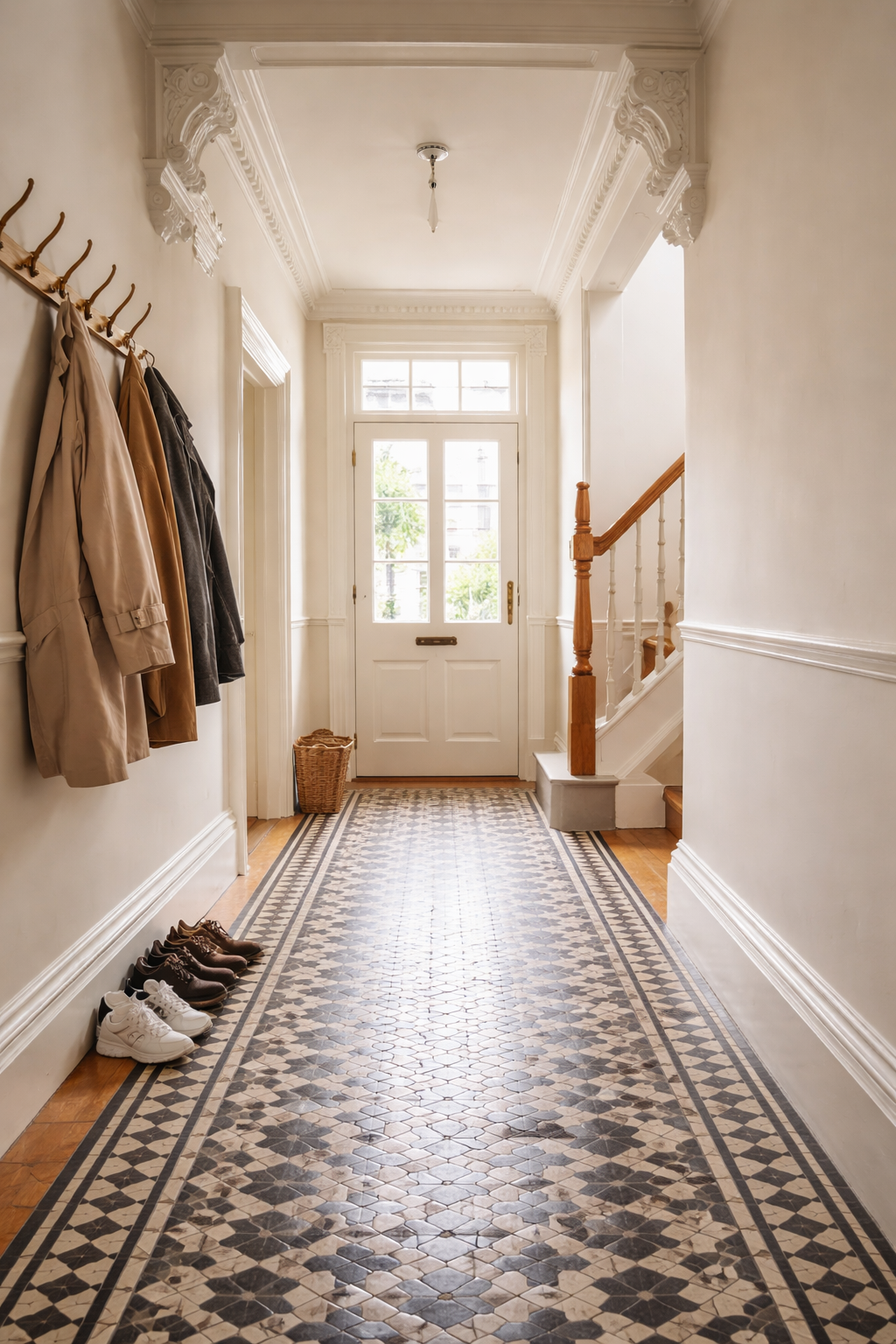 Bright entryway with tiled floor, white walls, coat hooks with coats, shoes on the floor, basket near door, staircase with wooden handrail, front door with glass panes, sunlight coming through, decorative ceiling molding.