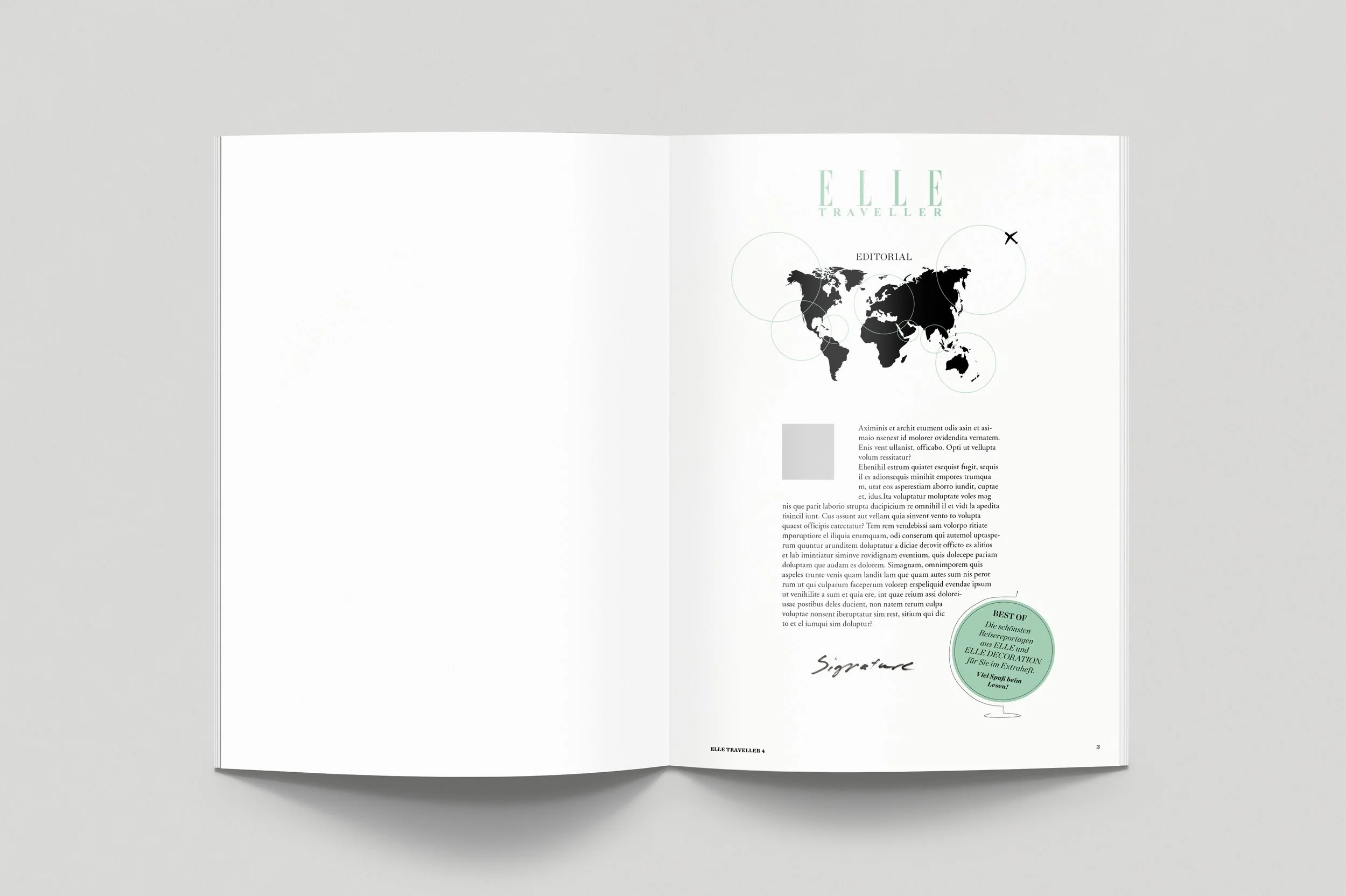 Open magazine spread with a black world map on the right page and columns of text, including a green circular badge with German text. The left page is mostly blank.