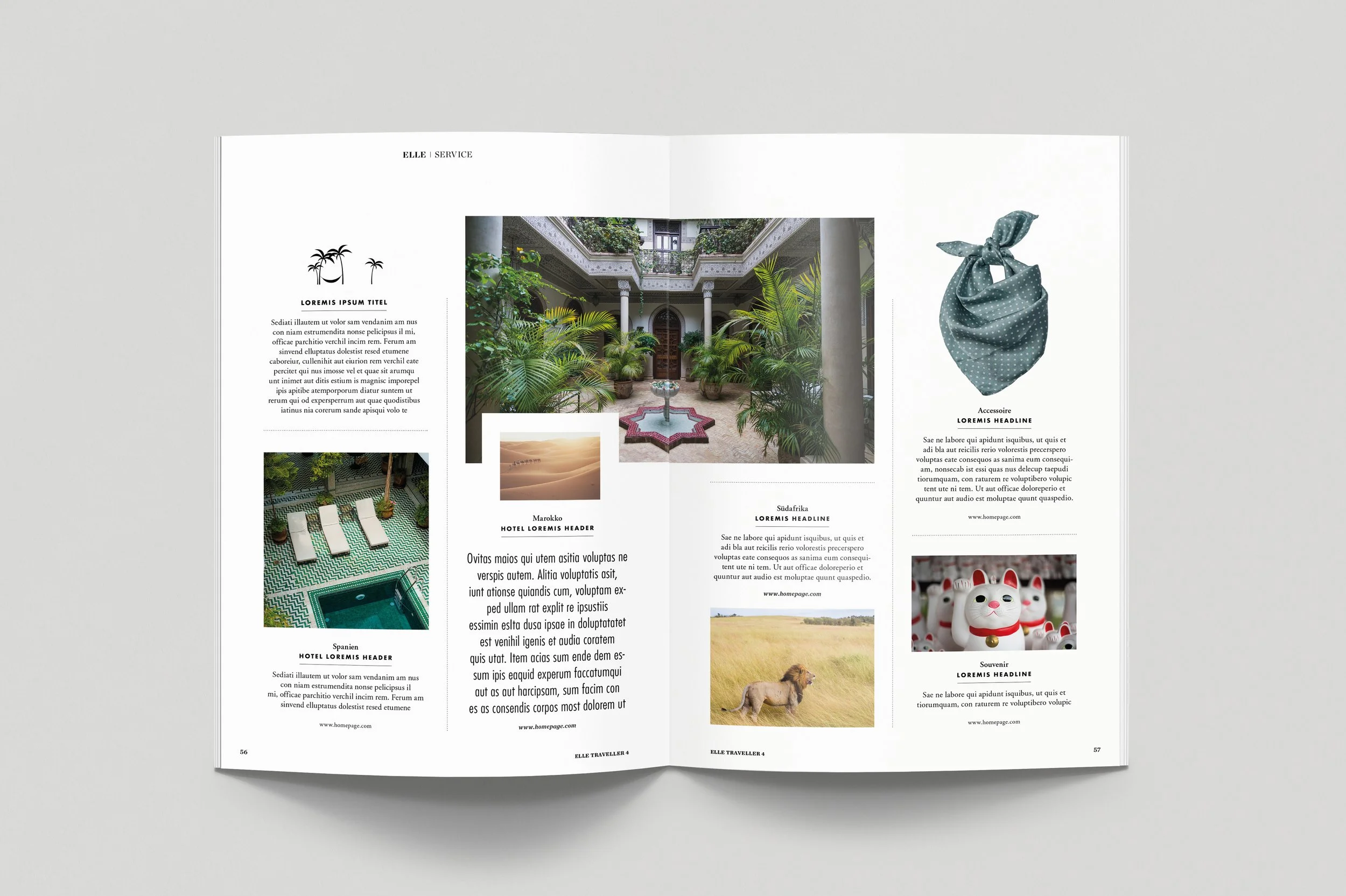 Open magazine showing travel and lifestyle articles with images of a lush courtyard, desert landscape, poolside lounge chairs, lion figurines, and a dog in a field.