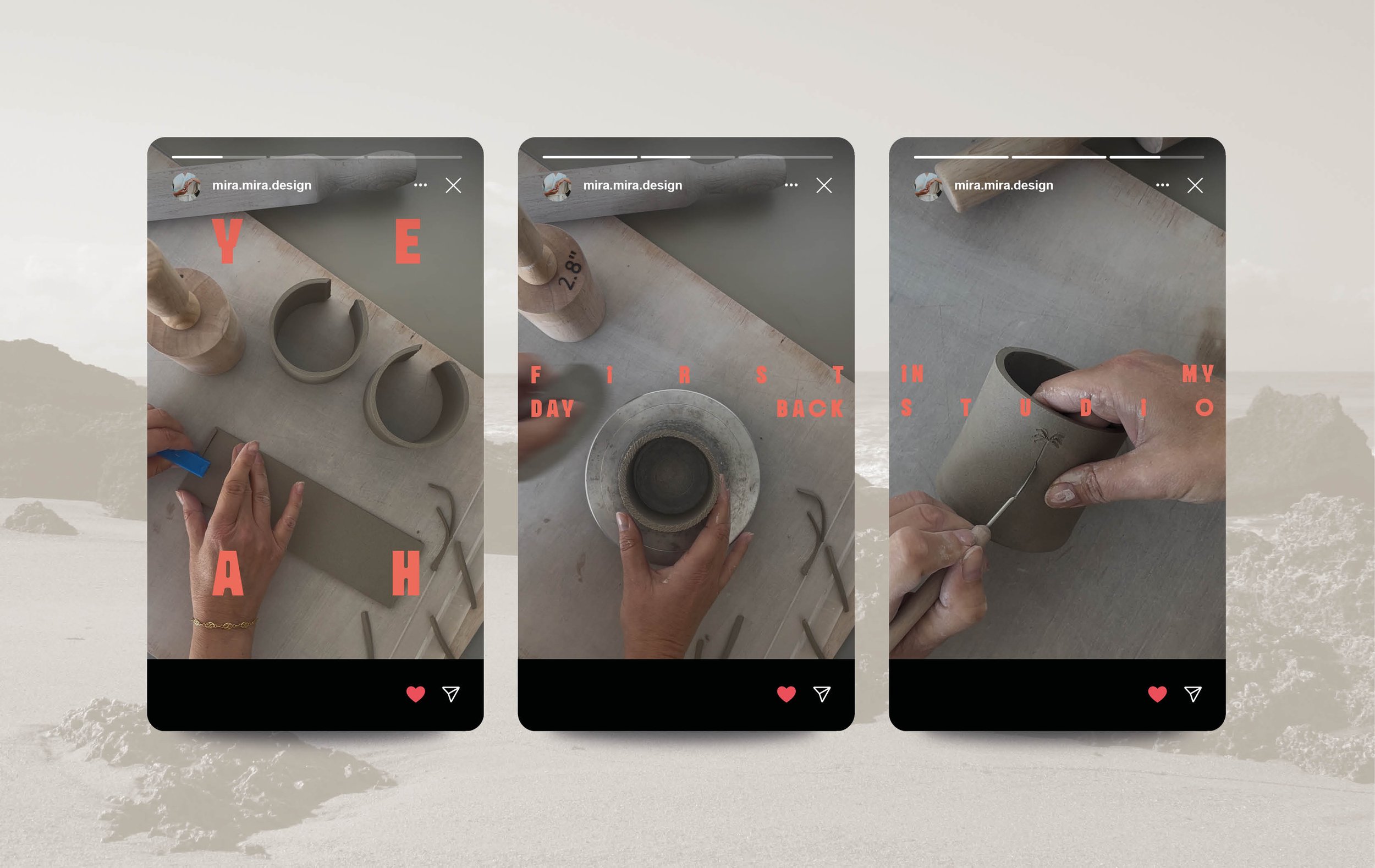 Three images showing hands working on ceramic or clay objects, with red overlay text spells out "Y E A H" and "FIRST IN MY STUDIO" and some tools and pottery pieces on a work surface.