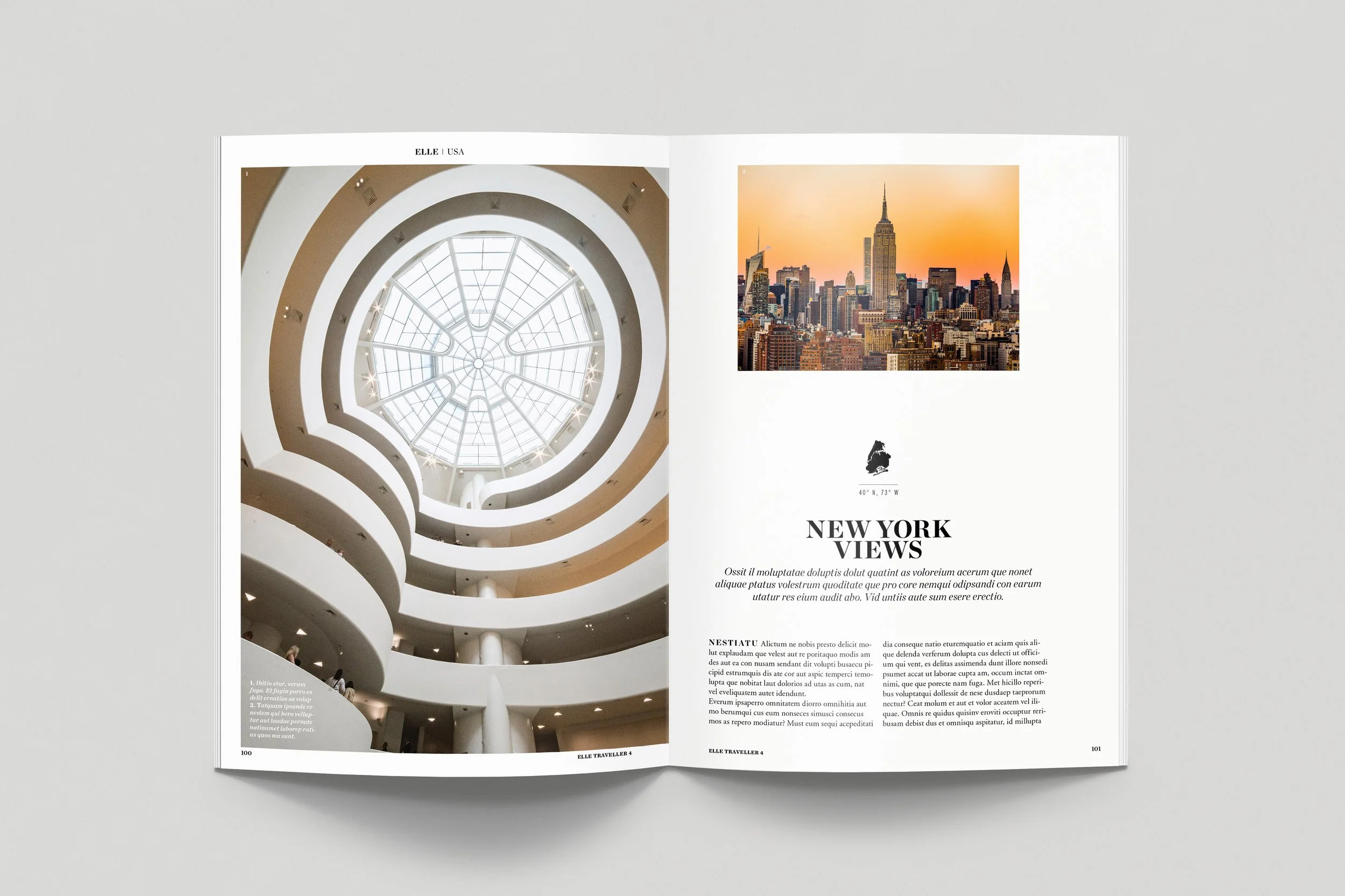 Open magazine showing a two-page spread. The left page has an interior photo of a spiral staircase with white rails and a glass ceiling. The right page features a photo of the New York City skyline at sunset, with the Empire State Building and other skyscrapers. Text details about New York views in a magazine layout.
