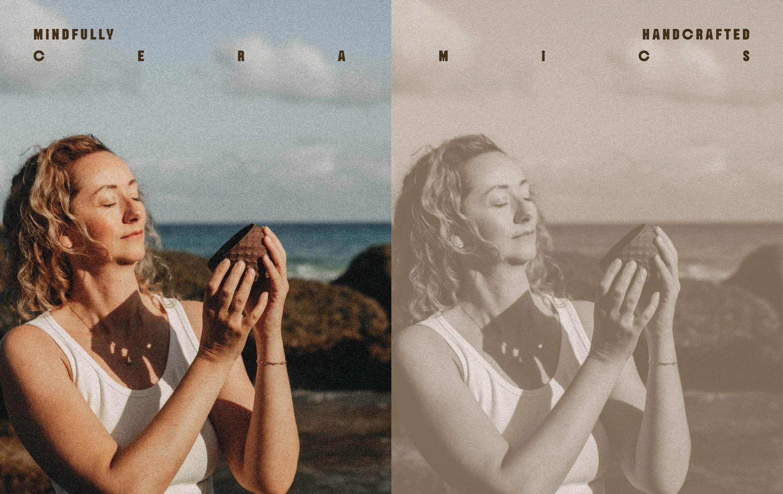 A woman with curly hair, wearing a white sleeveless top, is holding a chocolate bar and standing outdoors near the ocean. The image is split into two parts: the left side in full color and the right side in black-and-white.