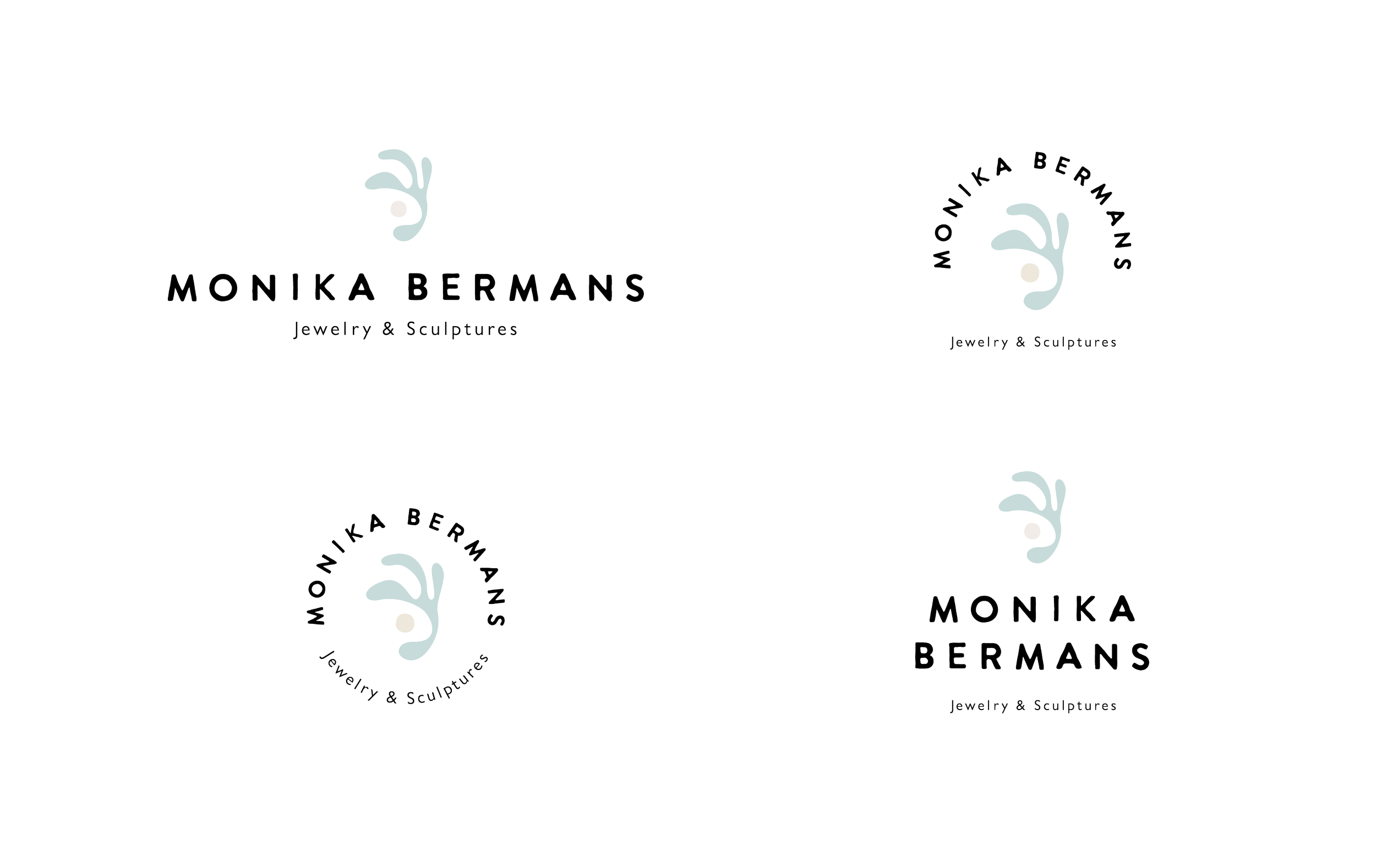 Repeated Monika Bermans Jewelry & Sculptures logos with a stylized abstract shape on a black background.
