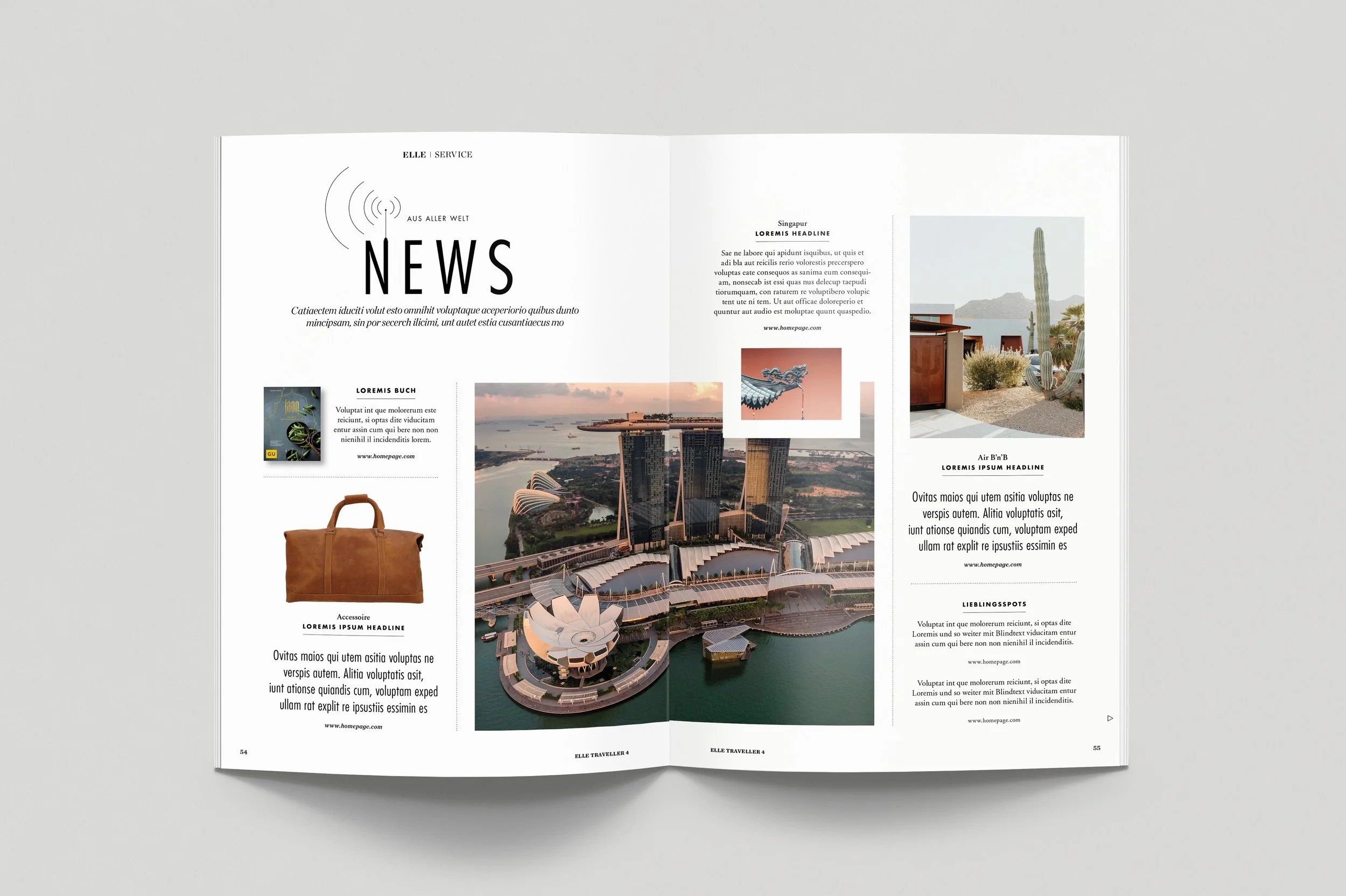 An open magazine displaying pages of travel and cityscape images, with text in a two-column format.