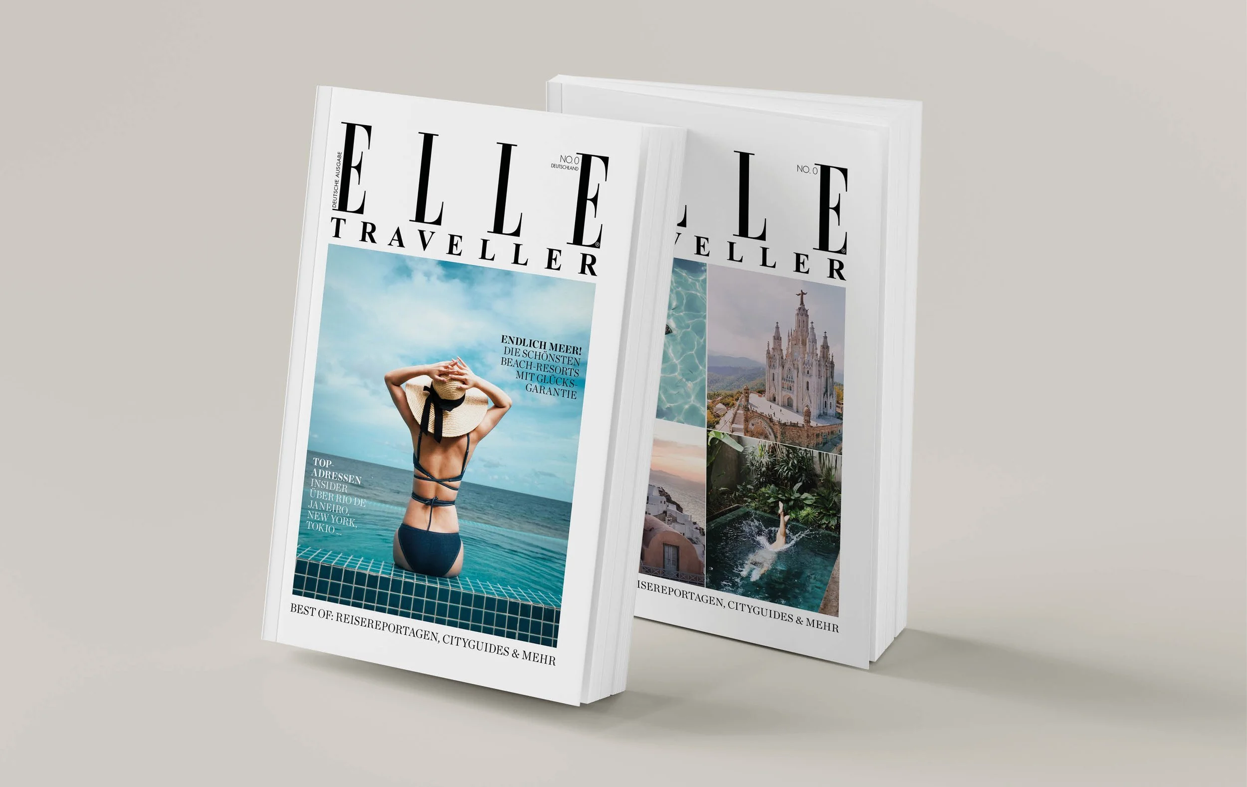 Travel magazines displayed on a white surface, featuring a woman in a swimsuit by a pool and scenic international landmarks.