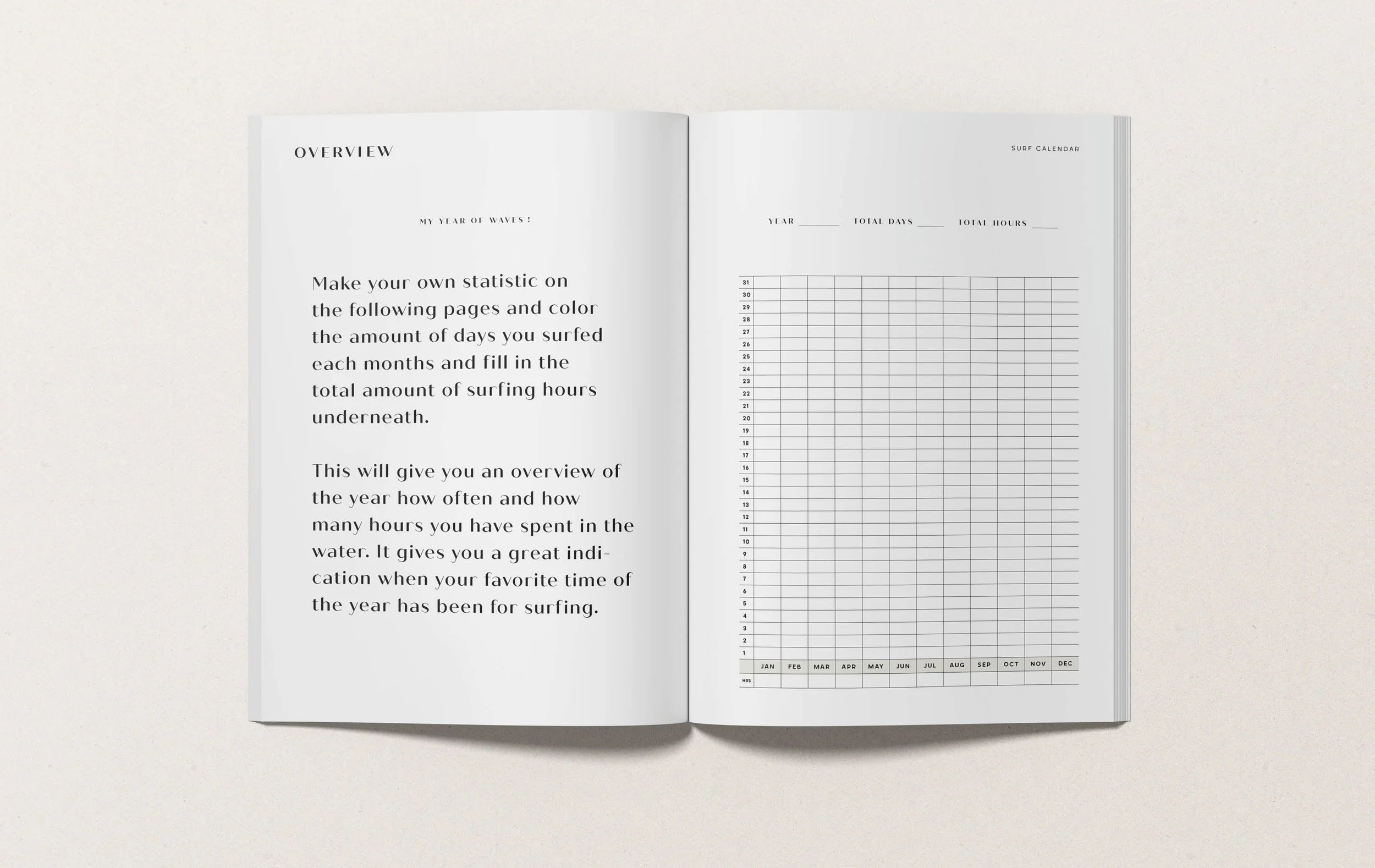Open booklet showing an overview page with instructions for tracking surfing hours and a calendar for recording annual surfing activity.