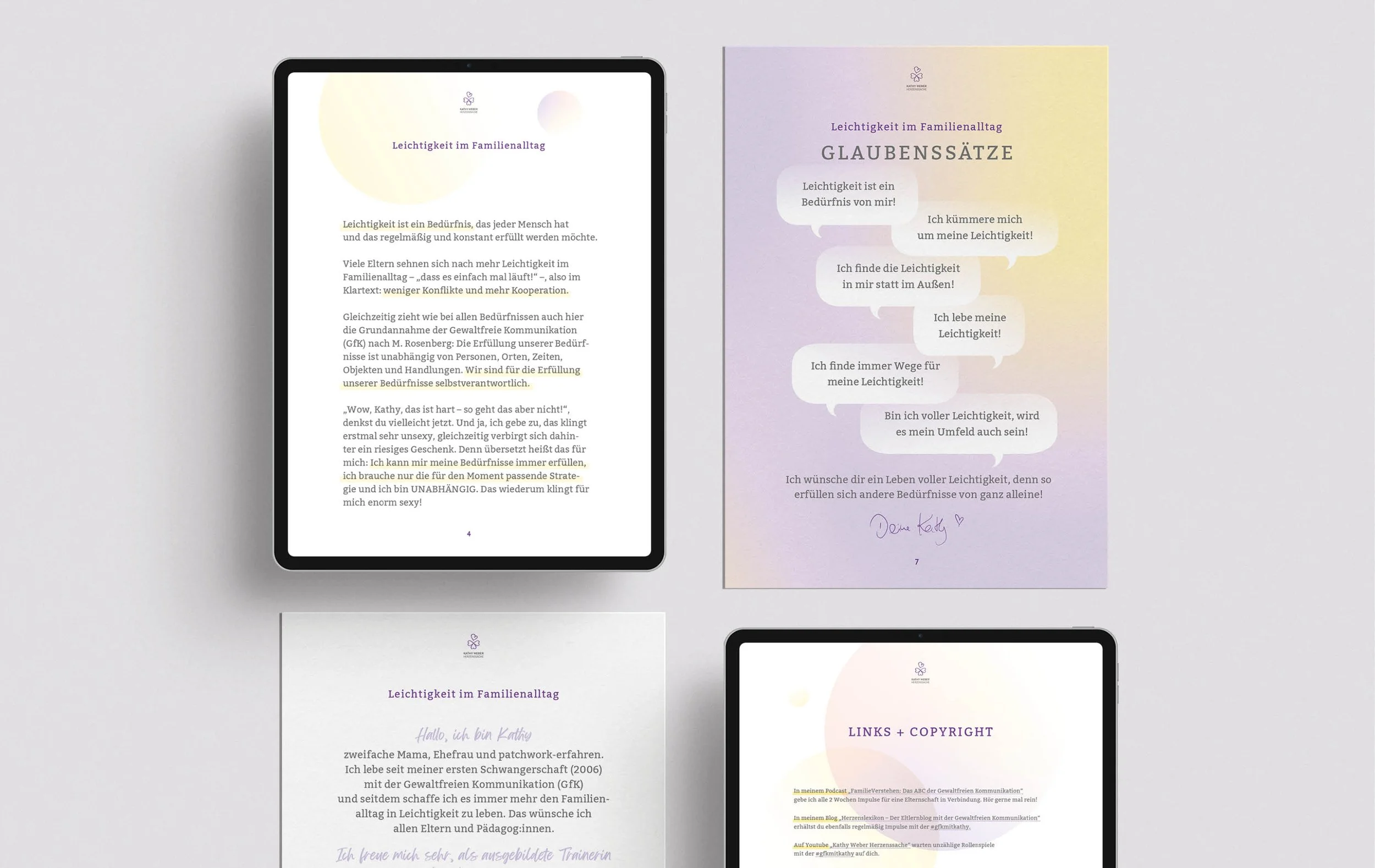 Image of multiple digital screens and printed papers on a neutral background, displaying texts in German about lightness and family life, with some highlighted text and handwritten notes.