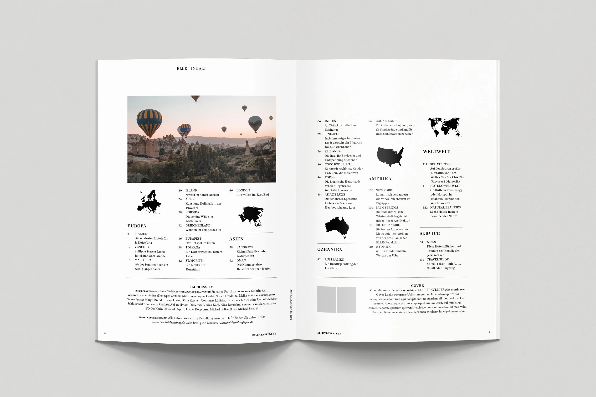 Open magazine showing a page with a photograph of hot air balloons floating over a rocky landscape at sunset, surrounded by text in German listing travel destinations and features.