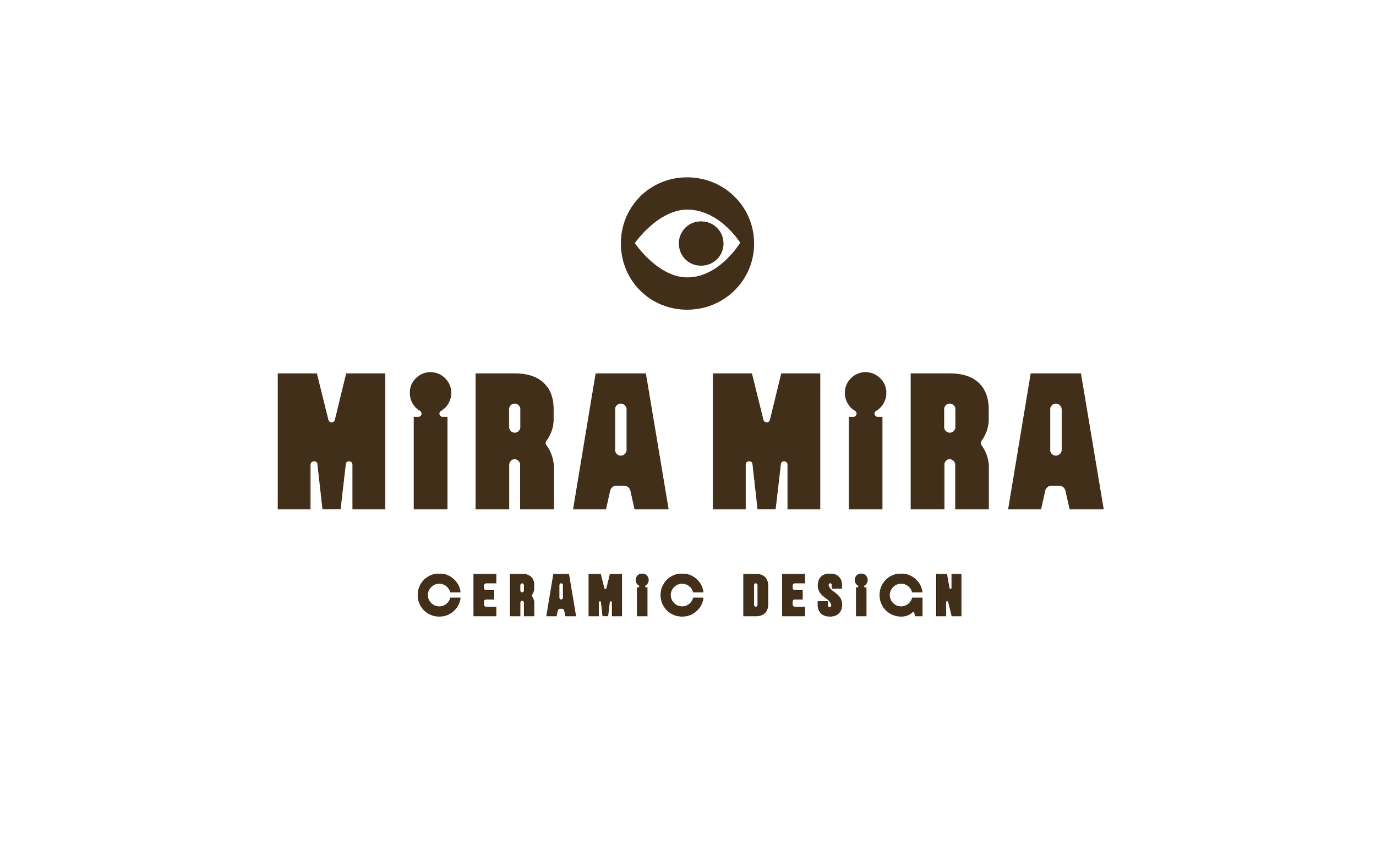 Logo for Miramira Ceramic Design featuring a stylized eye icon and the text 'Miramira Ceramic Design' in brown on a black background.
