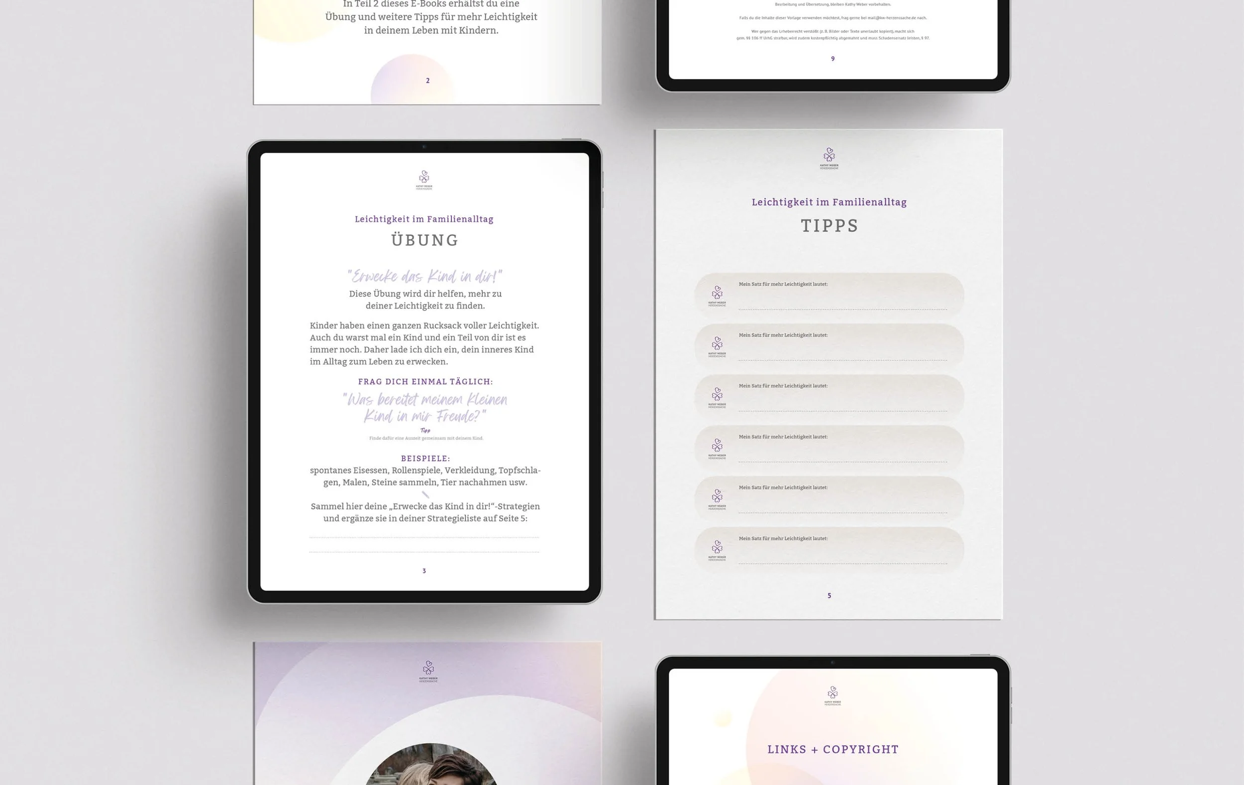 Multiple electronic tablets and printed documents on a light grey surface, displaying pages of a document related to tips and exercises for everyday family life, with purple text and graphics.