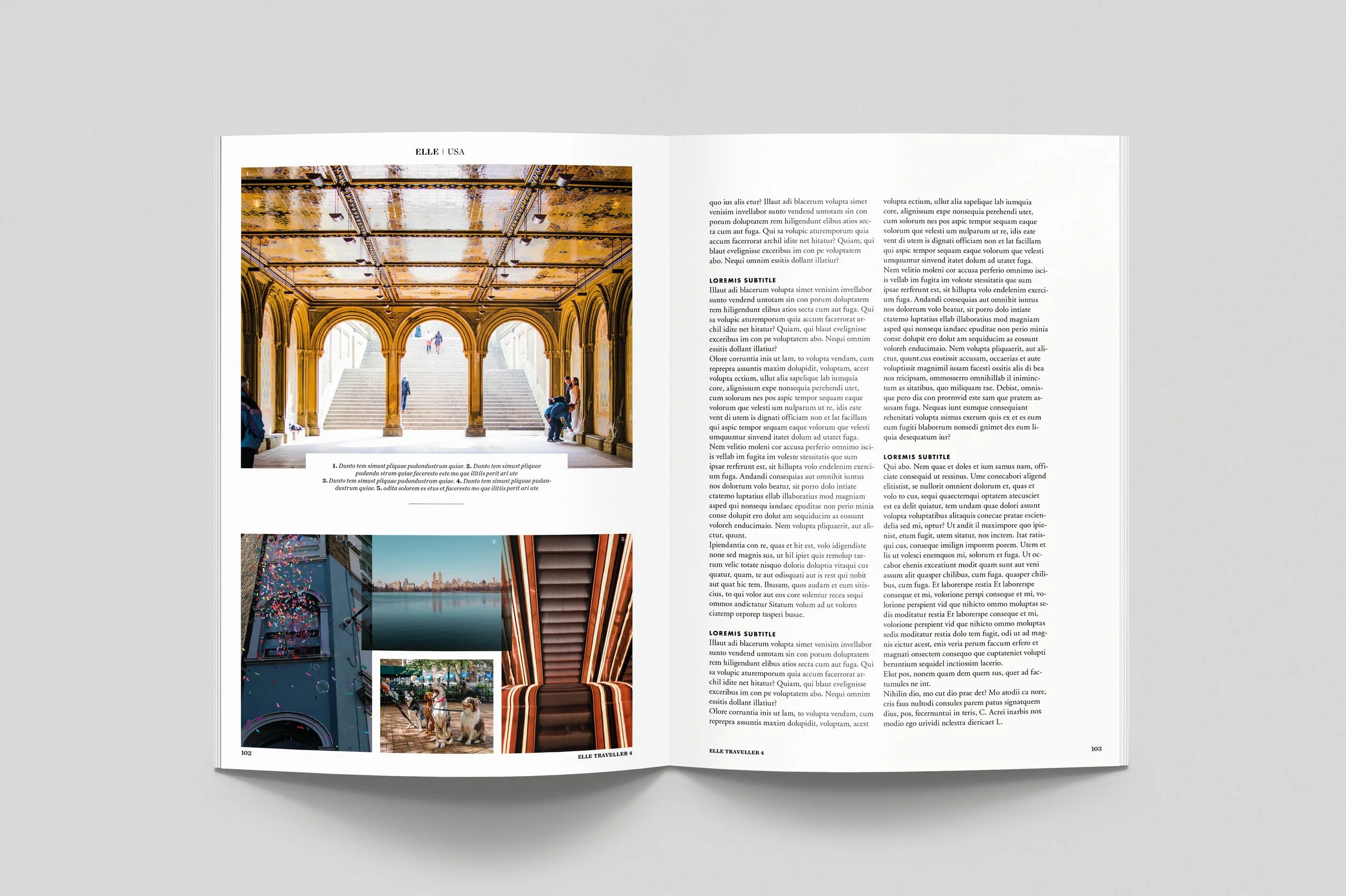 Open magazine showing photos and articles about travel and architecture, featuring a historic building interior with arches and stairs, and images of city scenes and structures.