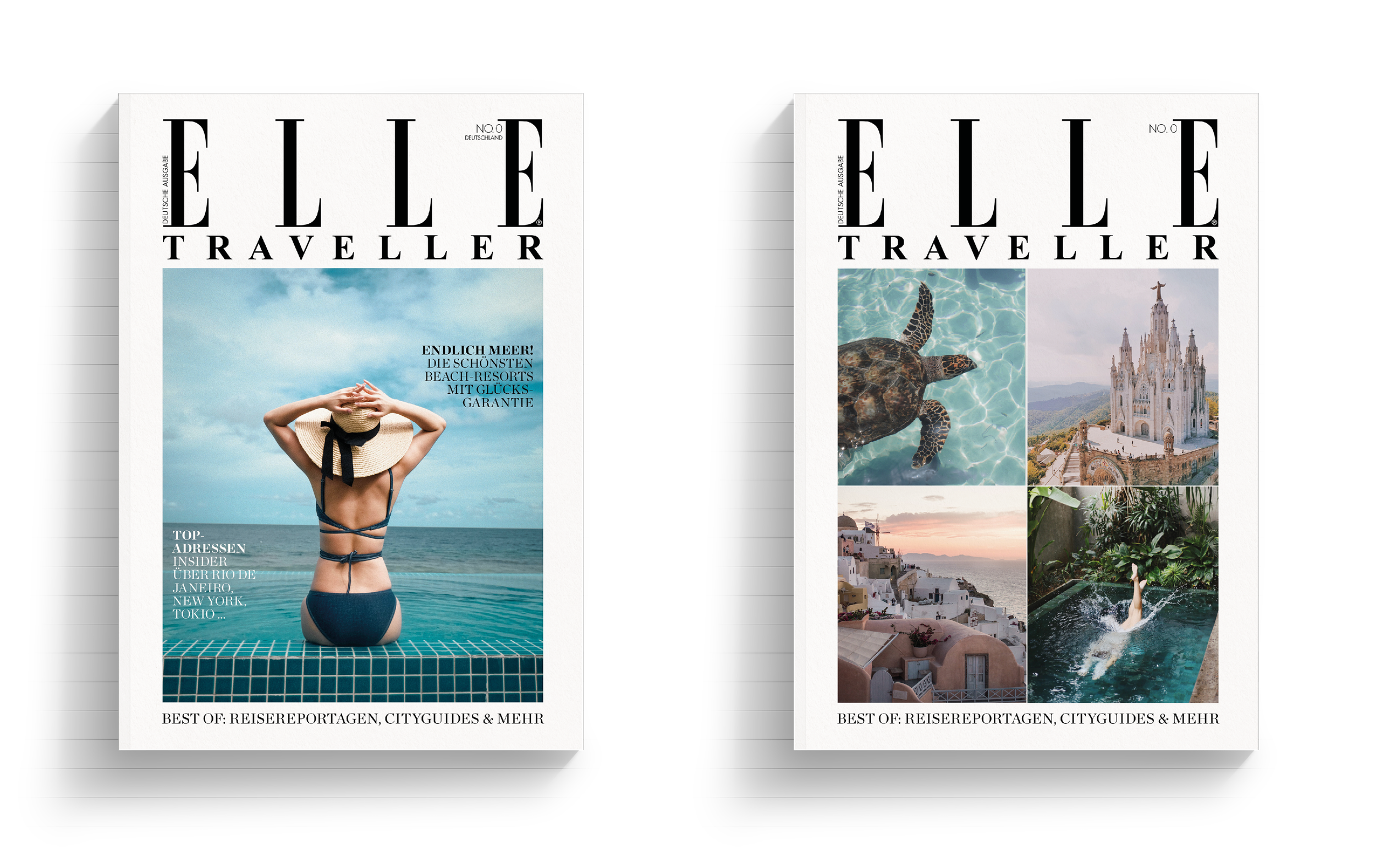 Two magazine covers of Elle Traveler, featuring travel and beach-related images. The left cover shows a woman with a hat sitting by the pool, looking out at the sea. The right cover displays a collage of travel scenes, including a turtle in water, a castle, and coastal scenery.