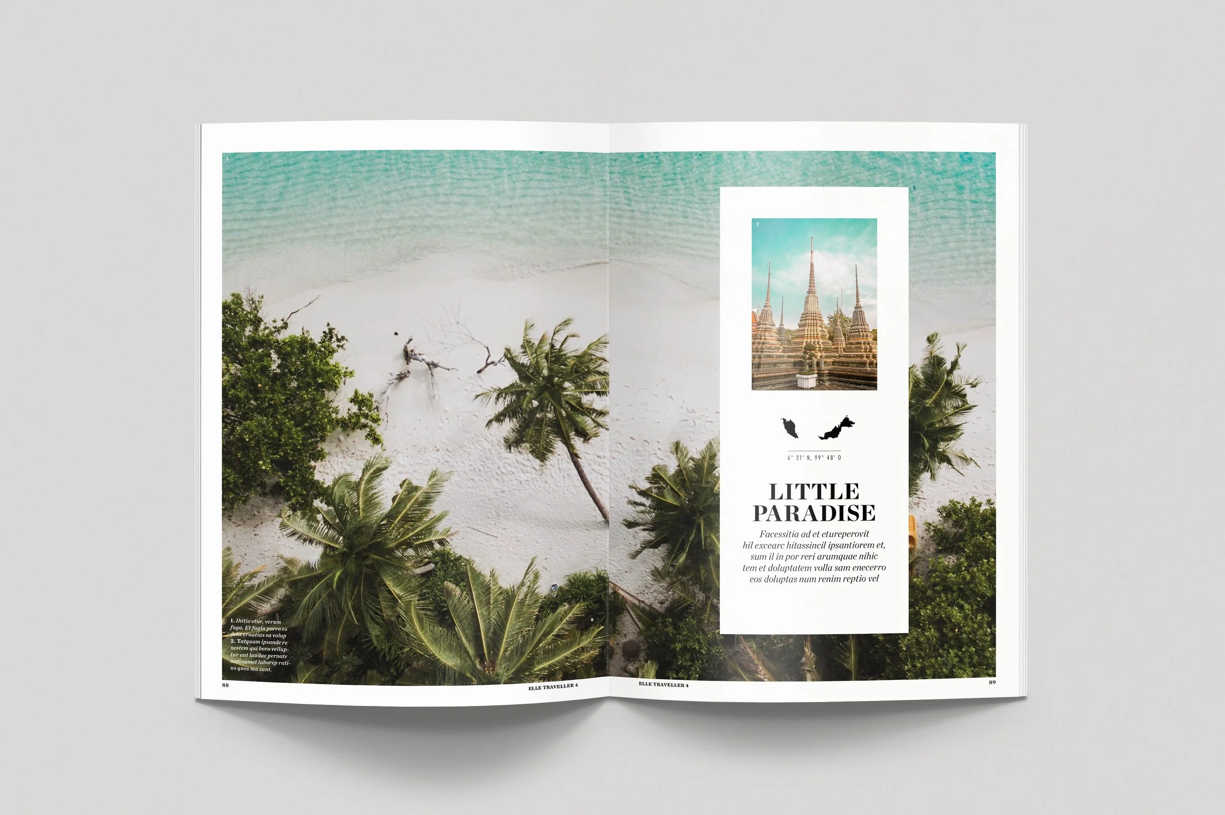 Open magazine with aerial view of tropical beach, white sand, green palm trees, and ocean waves, featuring a small inset photo of temple spires and a map of Thailand.