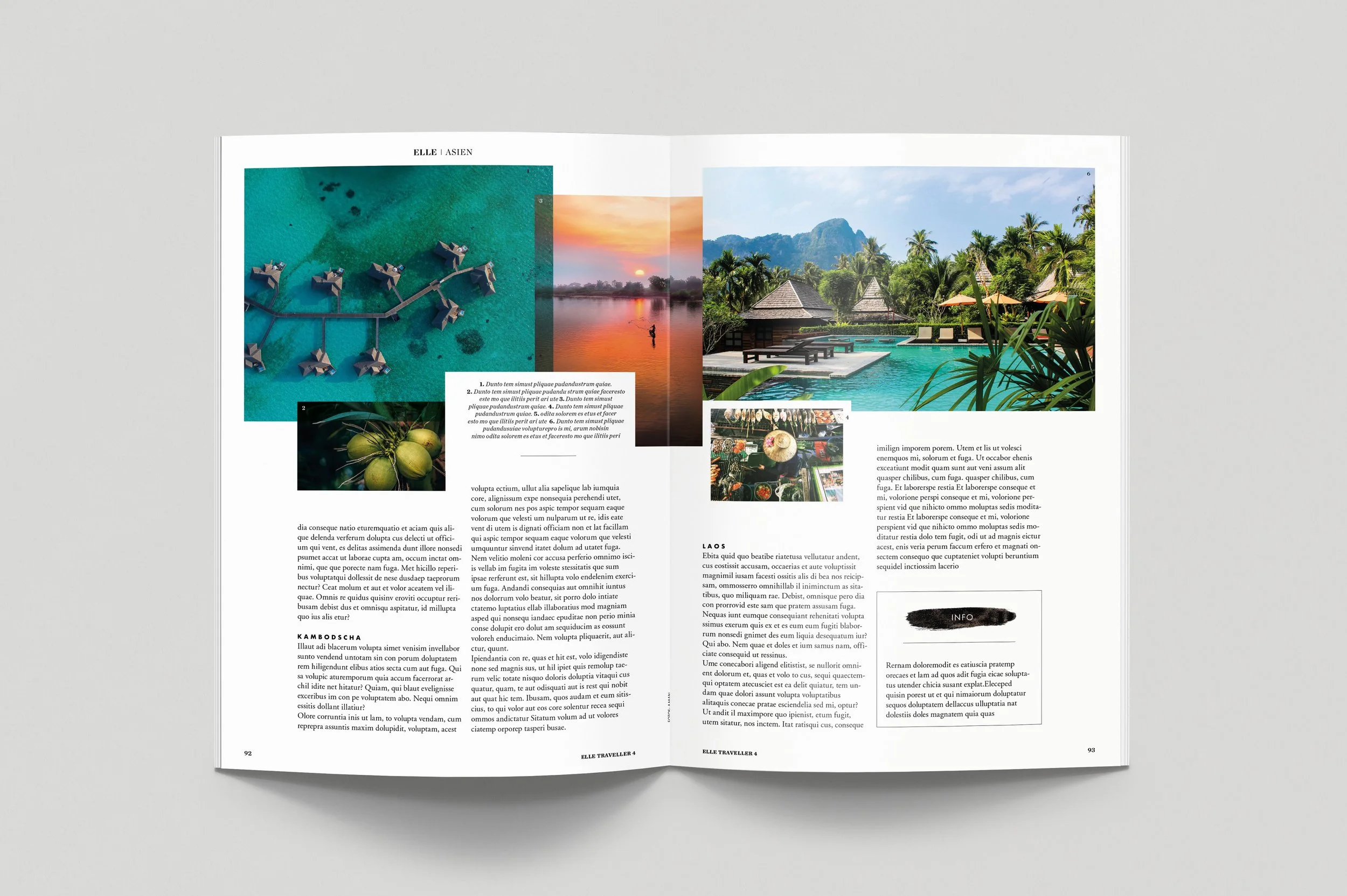 An open magazine with pages displaying images of tropical locations, including a bird's-eye view of overwater bungalows, a sunset over a lake, and a lush resort with poolside seating and palm trees.