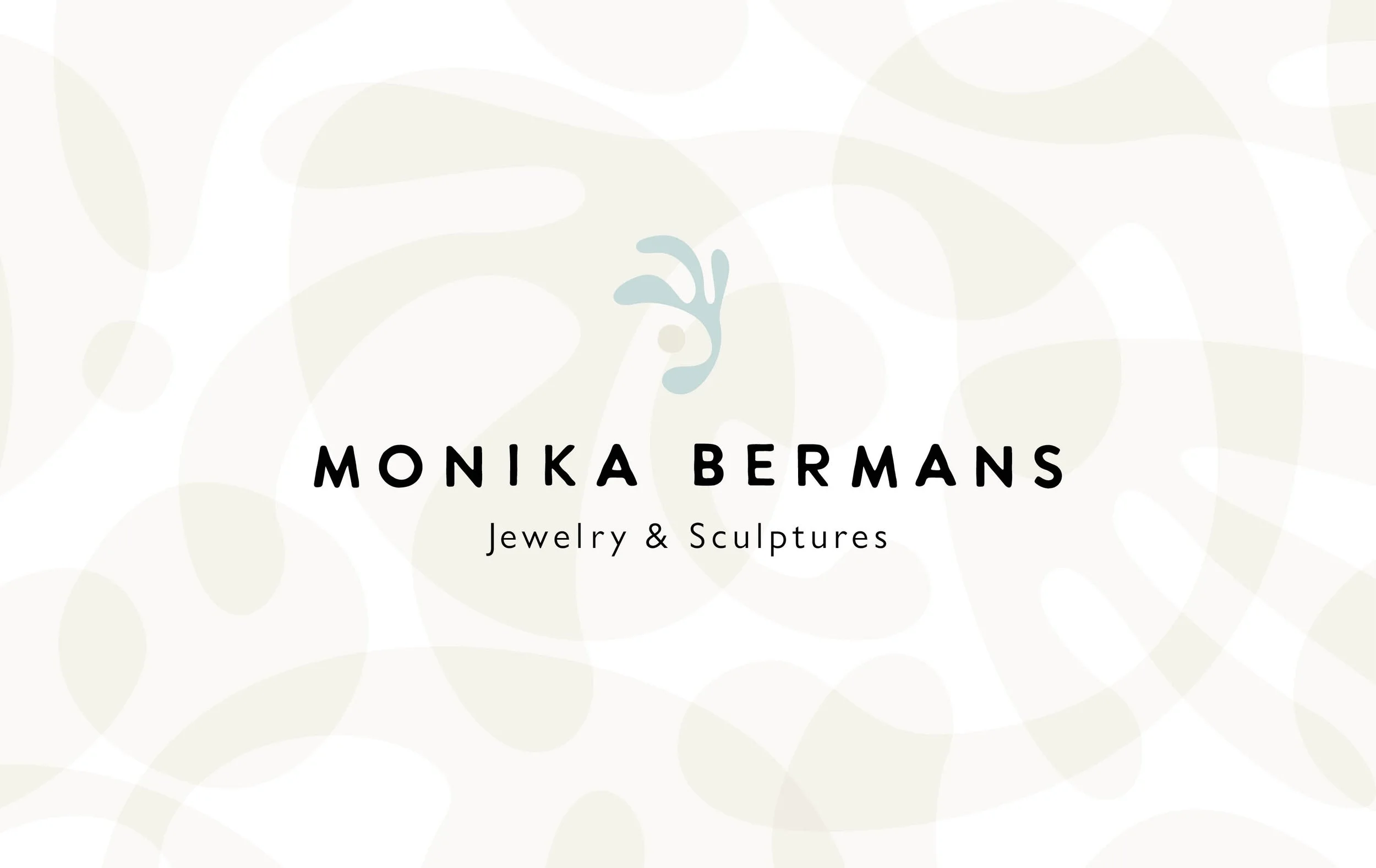 Business card displaying the name Monika Bermans, specializing in jewelry and sculptures, with a light-colored abstract background.