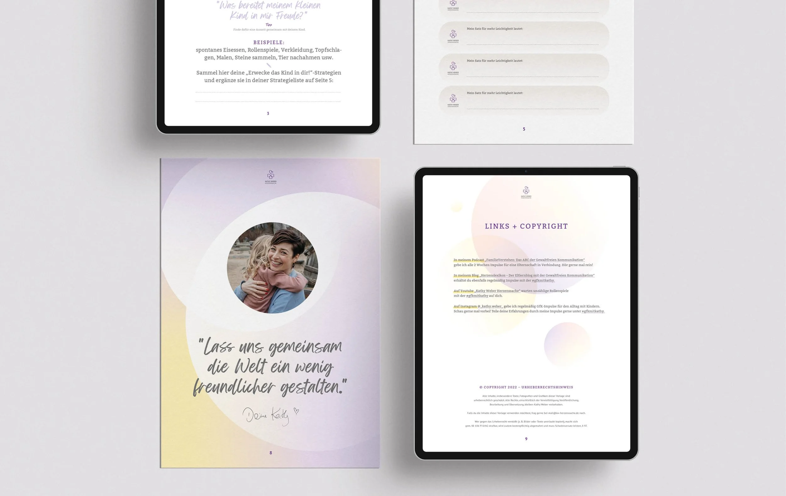 A flat lay of four documents and two tablets on a white surface. The documents contain text, images, and colorful designs, with some text in German. The tablets display mostly text and are positioned at the top right and bottom right of the image.