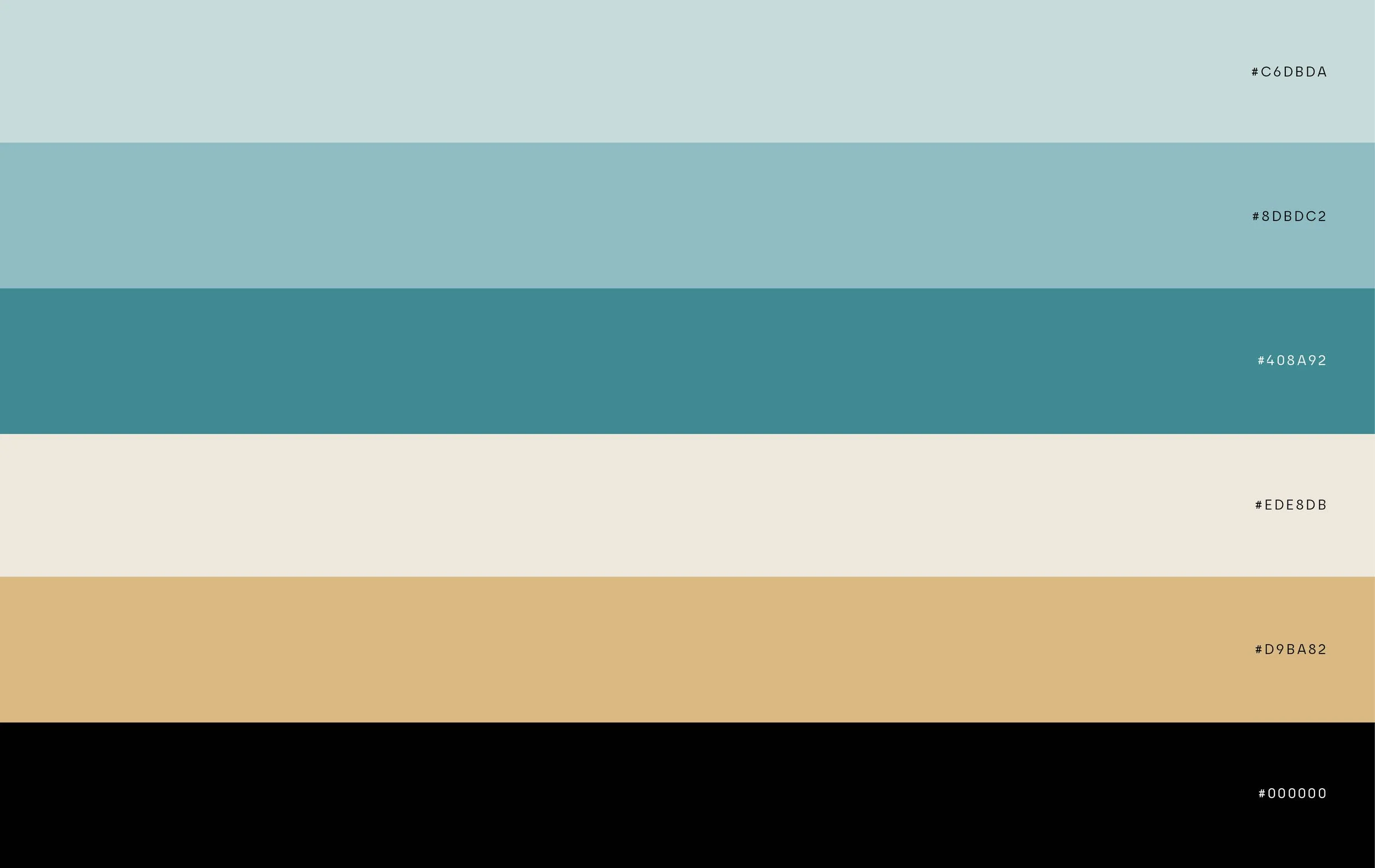 Color palette with six horizontal bands showing shades of blue, tan, black, and cream, each labeled with hex color codes for design reference.
