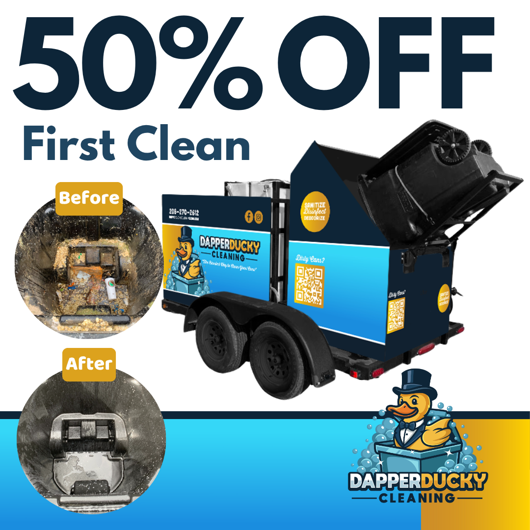 Advertisement for Dapper Ducky Cleaning offering 50% off first cleaning. Shows a before and after comparison of drain cleaning, with a mobile cleaning unit featuring a cartoon duck mascot, and the company's logo and branding.