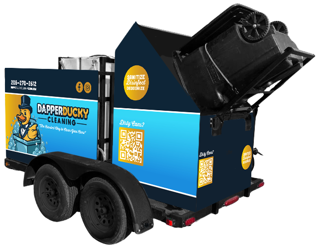 Mobile disinfection and sanitizing unit with a water tank and cleaning logo, including QR code and contact information.