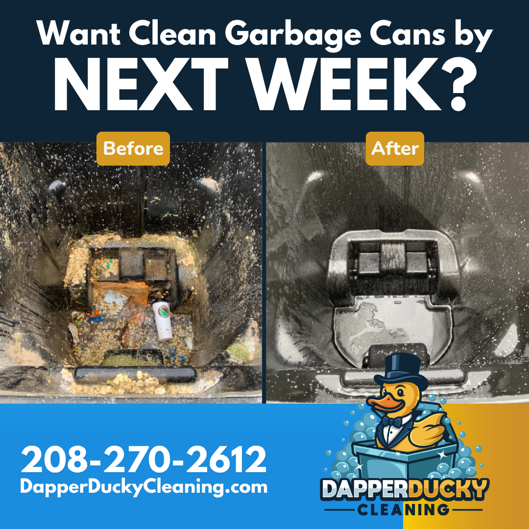 Before and after images of a garbage can, showing a dirty, cluttered interior in the before photo and a clean, empty interior in the after photo, with text promoting trash can cleaning service.