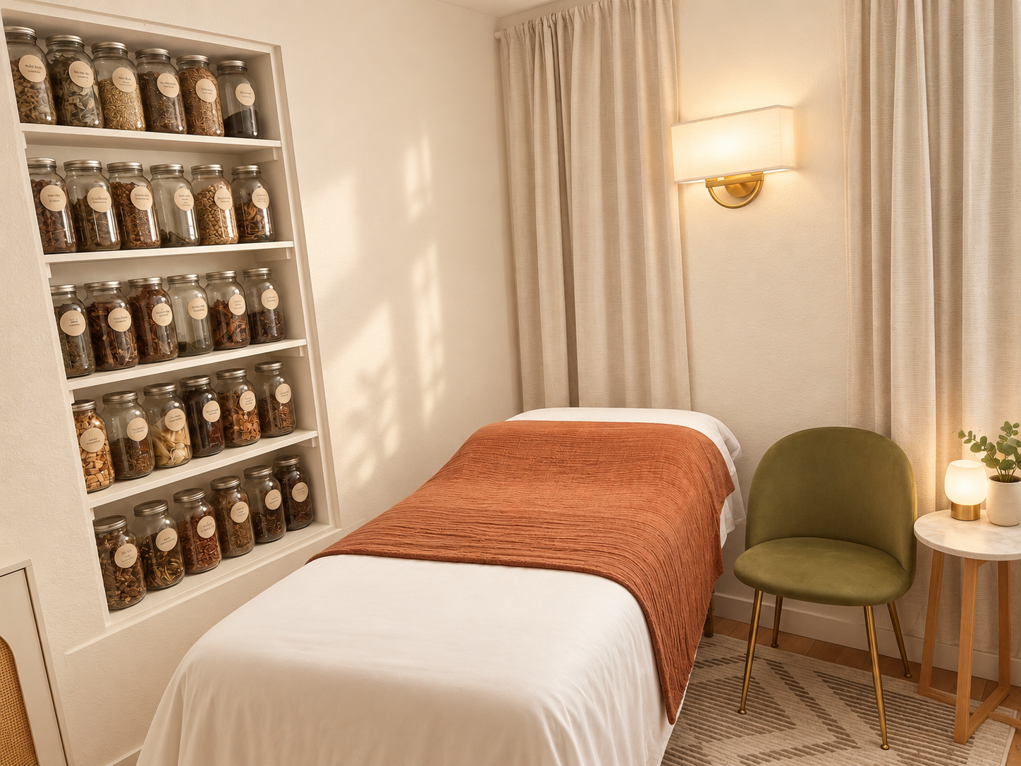 A cozy massage or treatment room with a bed covered with white sheets and a rust-colored blanket. To the right, there is a green chair next to a small round table with a lamp and a potted plant. On the left, a built-in shelf contains glass jars filled with dried herbs or spices. The room has beige walls, cream-colored curtains, and soft lighting.