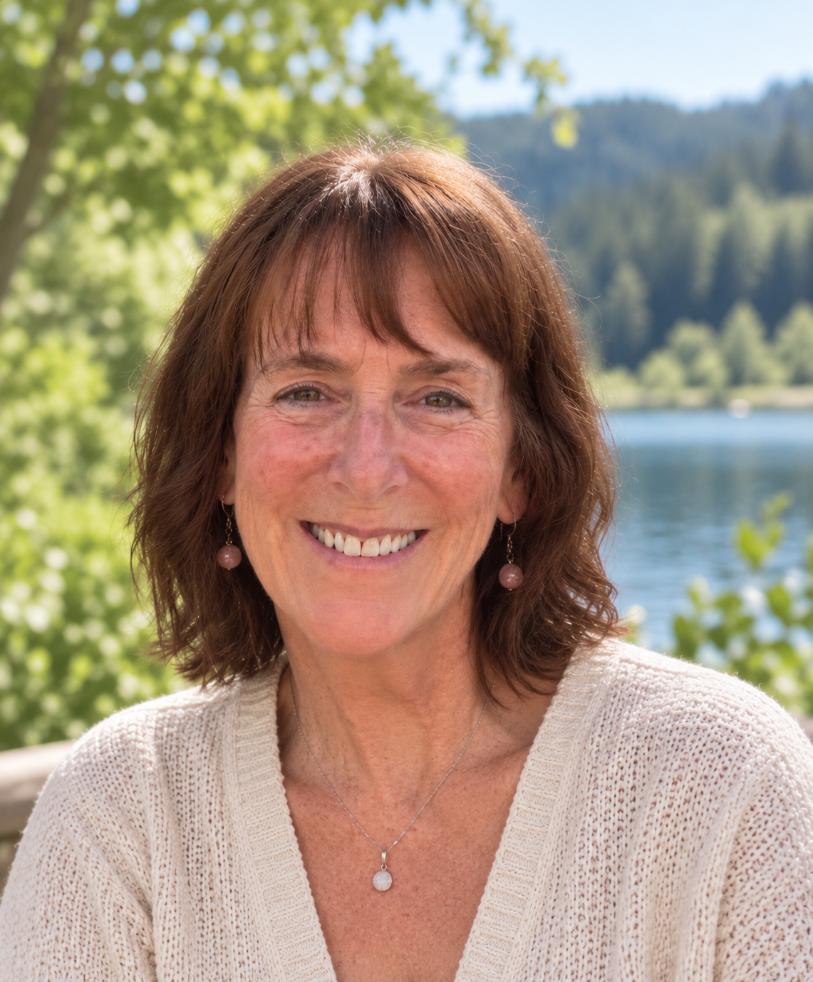 A woman smiling outdoors near a body of water with trees and mountains in the background.