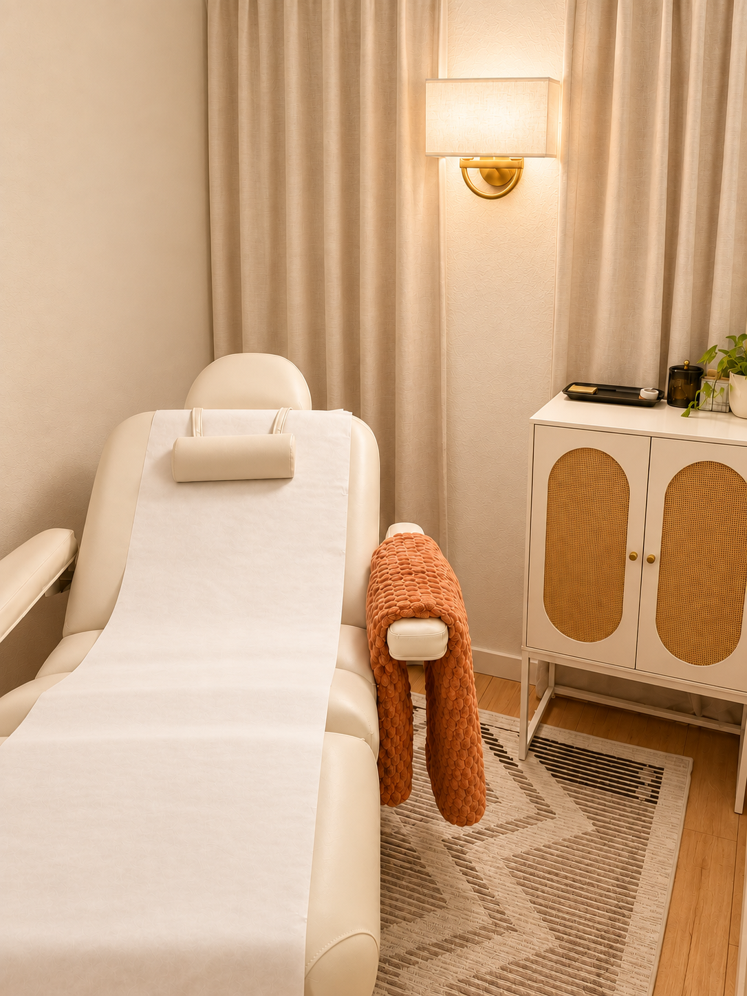 Spa treatment room with a massage bed, orange textured blanket, beige curtains, wall-mounted lamp, white cabinet with decorative items, and a patterned rug.